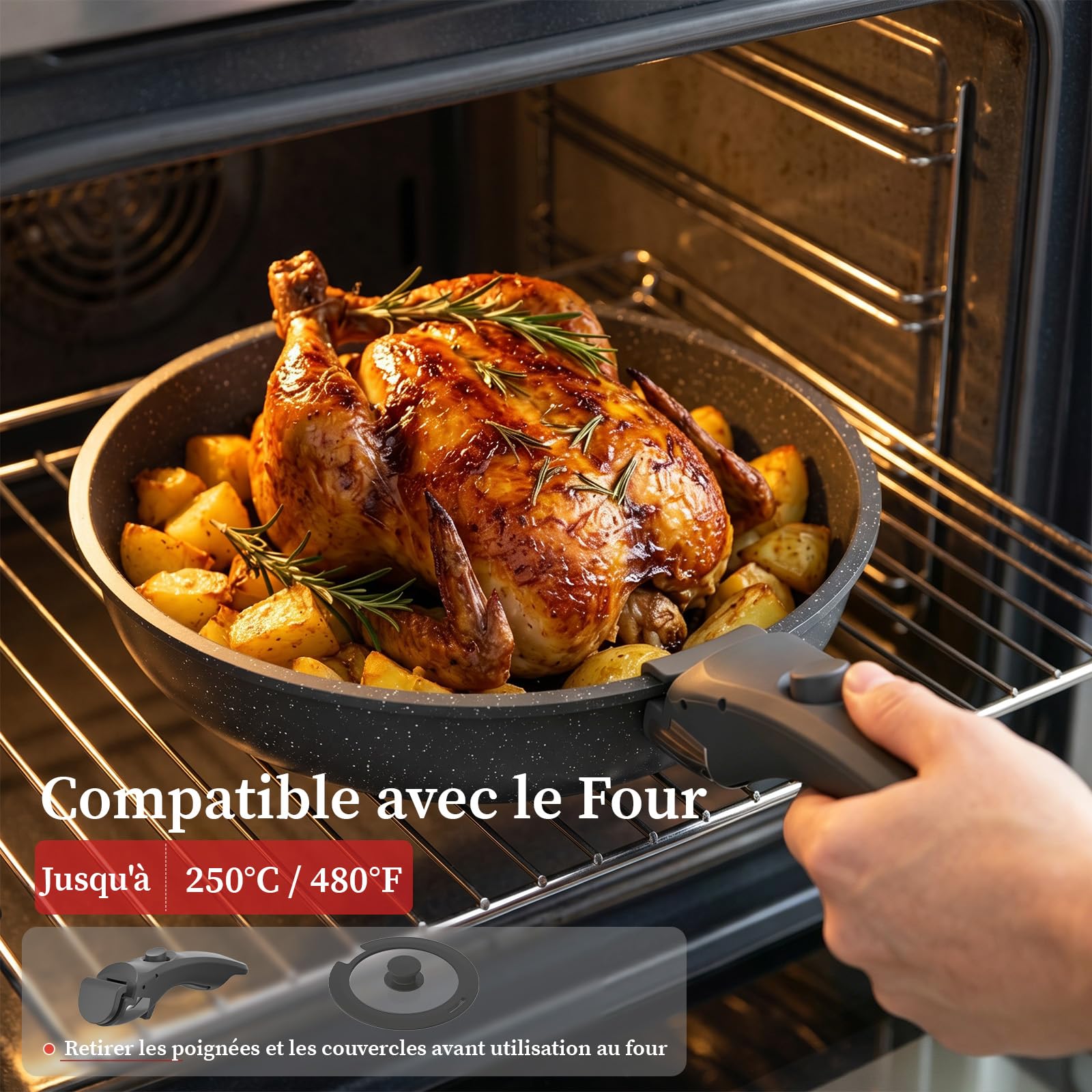 YASHE Batterie de cuisine 15 pièces, non toxique, sans PTFE ni PFAS | Ustensiles de Cuisine avec Poignée Amovible, Poêles et Casseroles Antiadhésives en Granite, Design Empilable Gain de Place