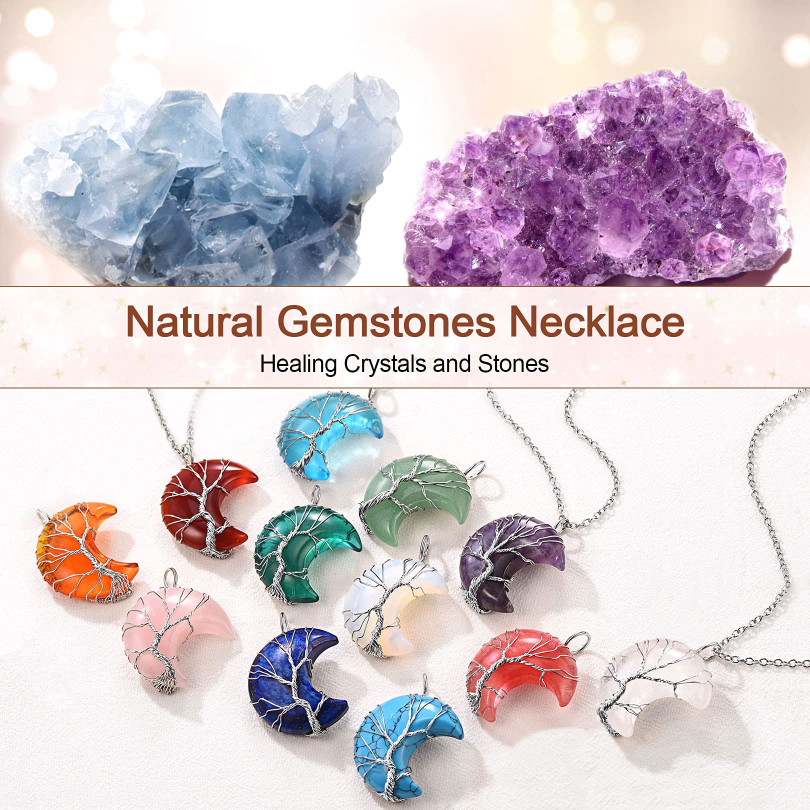 FOCALOOK Collier Femme Arbre de Vie Pierre de Naissance Naturelle/Synthétique - Pendentif en Croissant/Coeur avec Chaîne Fine Acier Réglable 50+5cm