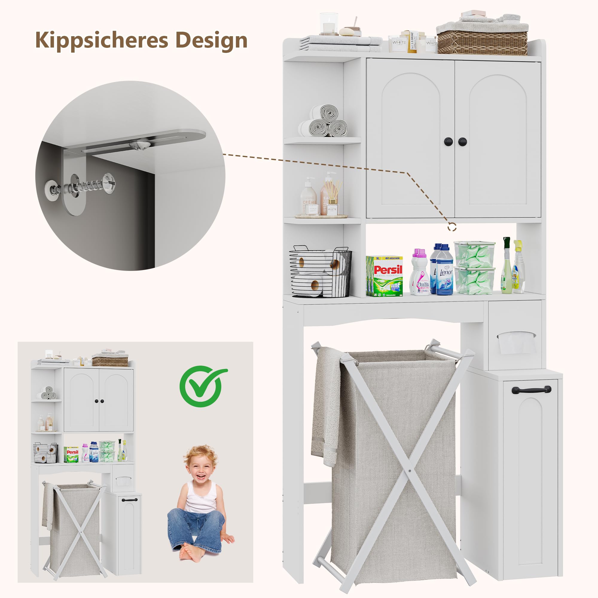 FEONASE Über-WC-Aufbewahrungseinheit mit Seilzug, kleinem Stauraum, Toilettenpapierhalter, Türen und verstellbaren Regalböden, platzsparende Lösung für Bad und Waschküche in Weiß