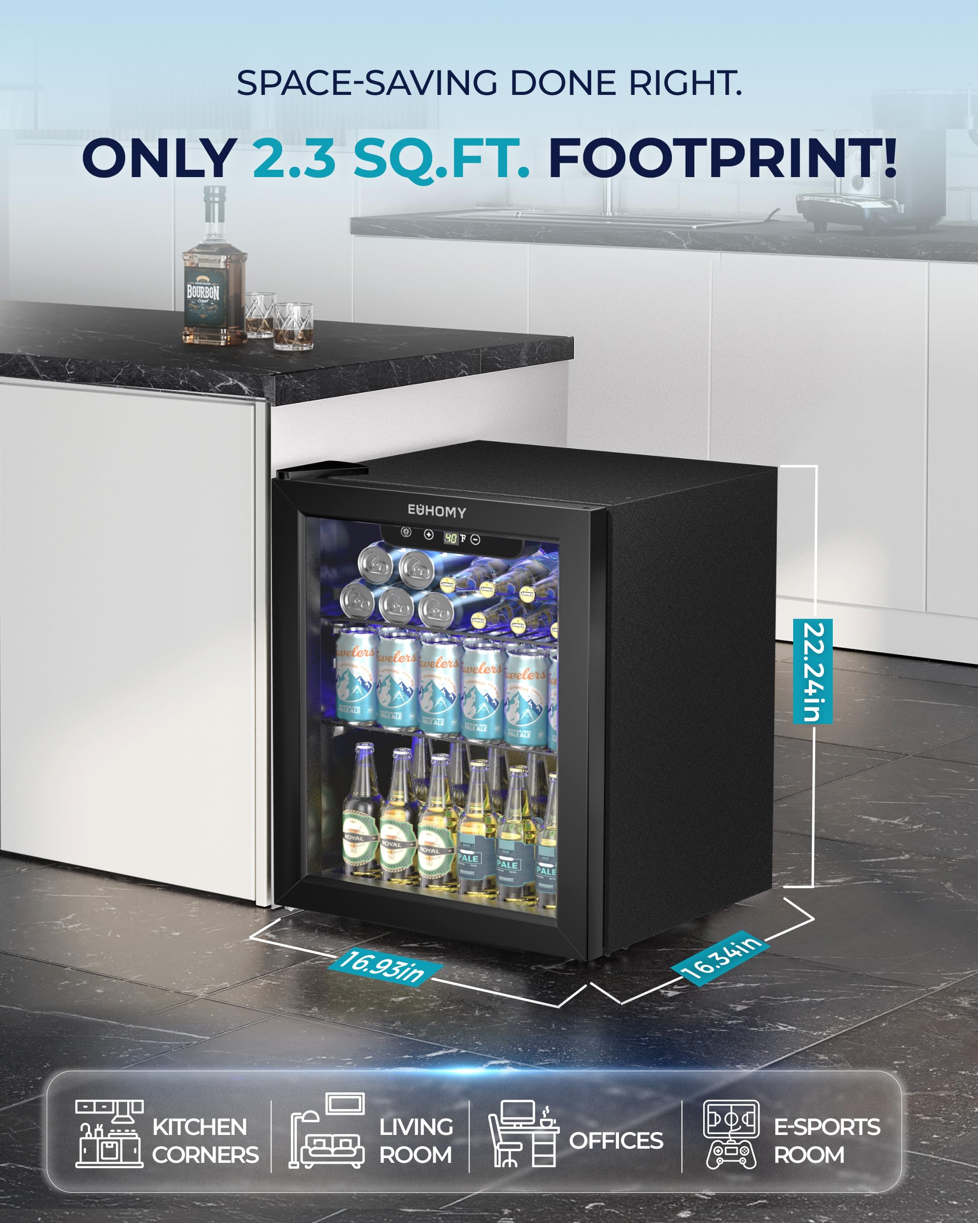 Euhomy Beverage Refrigerator Cooler - 68 Can Mini Fridge With Glass Door For Soda, Beer, Wine, Small Refrigerator With Digital Temperature Control And Adjustable Shelves For Home Office Bar, 1.7 Cu.Ft on Fridge.com - View 3