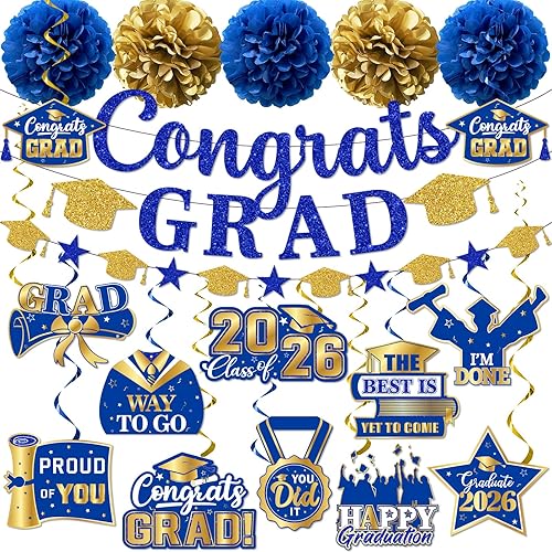 Decoraciones de fiesta de graduación, pancarta de graduación y remolino colgante (azul y dorado)