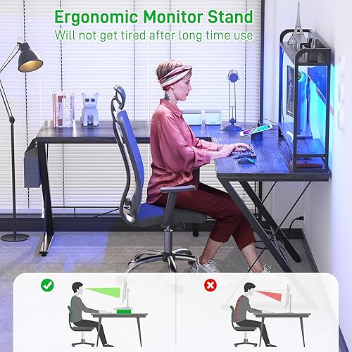 Miniatura 4 de Cyclysio Escritorio para juegos en forma de L con gabinete, escritorio reversible en forma de L con luces LED y tomas de corriente, escritorio de