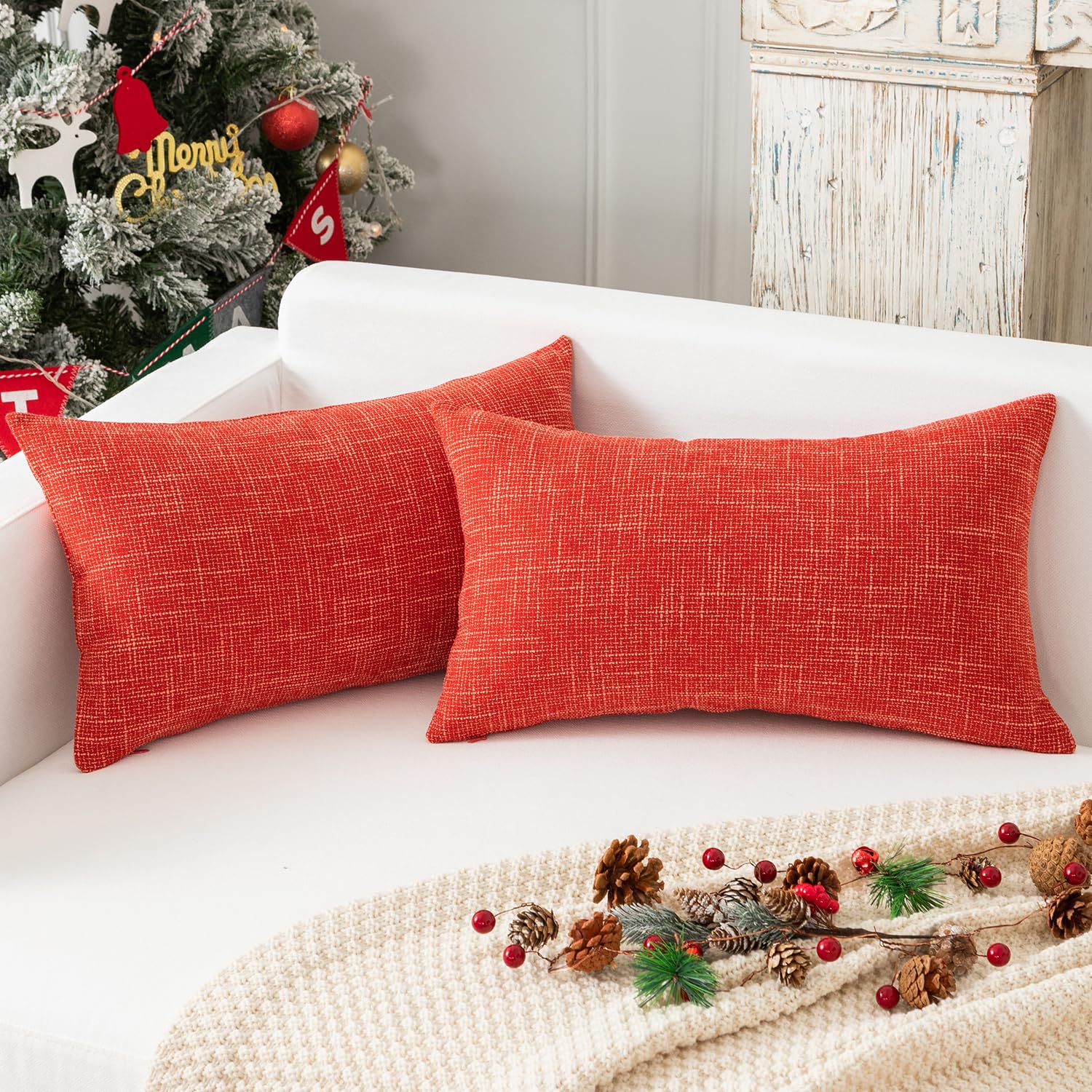 K KEVIN TEXTILE Soft Fall Lumbar Throw Pillow Covers Square Decorative Linen Cushion Case for Sofa Couch Home Decor 12x20 Inches/30x50cm Burnt Brick, 2Pcs