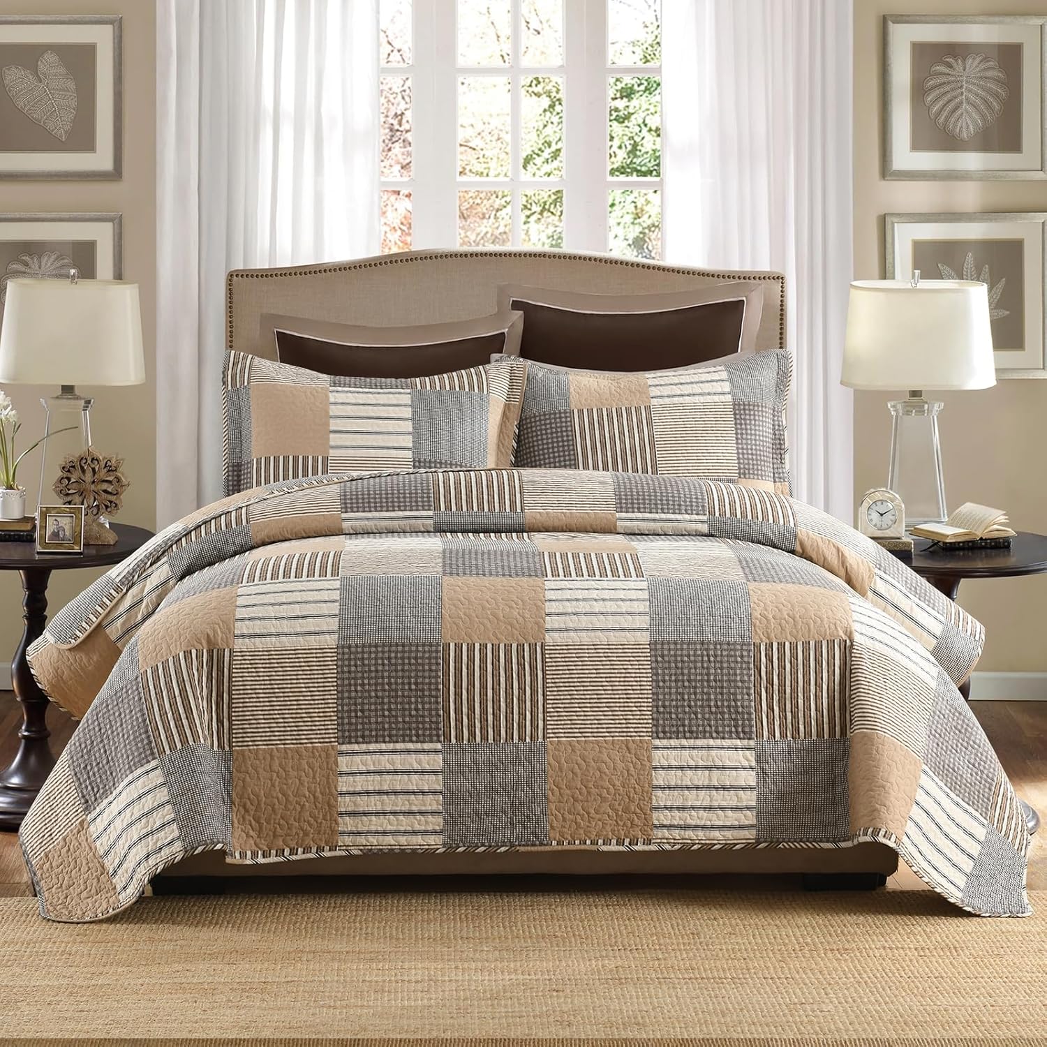Plaid King Quilt Set - 100% Cotton Quilts, King Quilt Bedding Set, Farmhouse Patchwork Quilt, Lightweight Bedspread Coverlet for All Seasons, Brown, 3 Piece, 98"x106" - Image 3