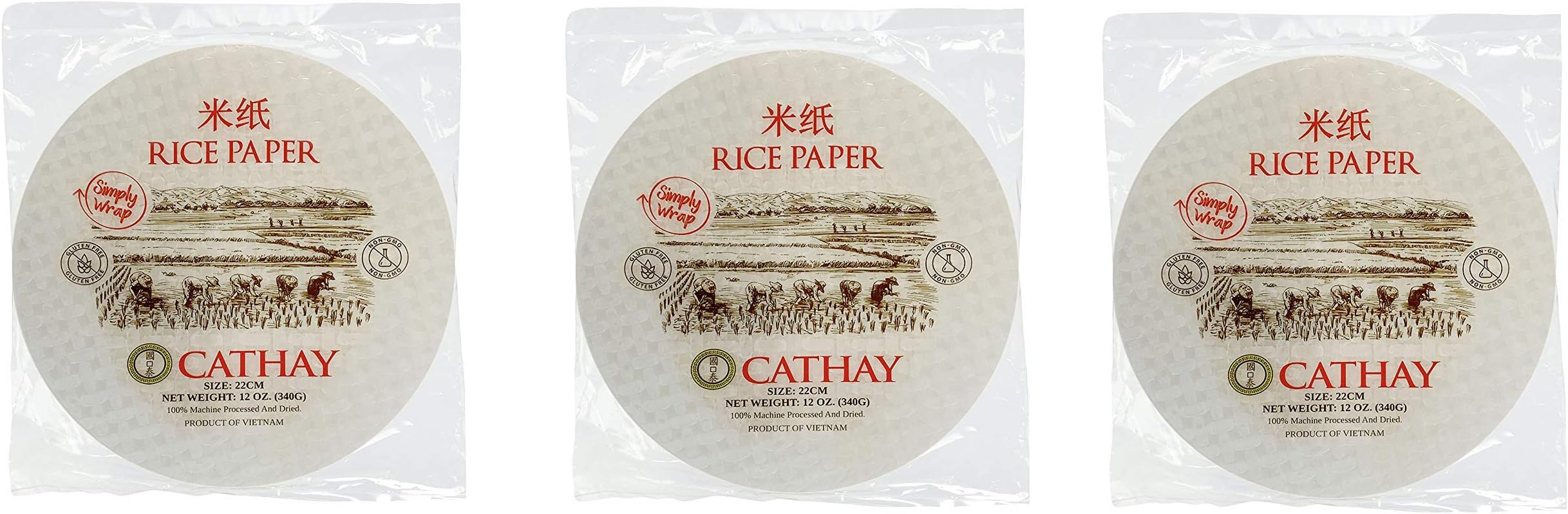 Cathay Fresh Spring Roll Rice Paper Wrappers, Rice Paper Wrappers for Fresh Roll-30 Sheets Each, Non-GMO, Low Carb, Vietnamese Summer Wrap with Natural Ingredients, Veggie Wrap (Round, 22cm - 3 Pack)
