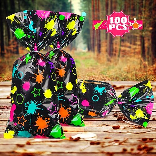 Miniatura 3 de Epakh Paquete de 100 bolsas de caramelos de neón de plástico, coloridas golosinas que brillan en la oscuridad, bolsas de regalo, envoltura de regalo