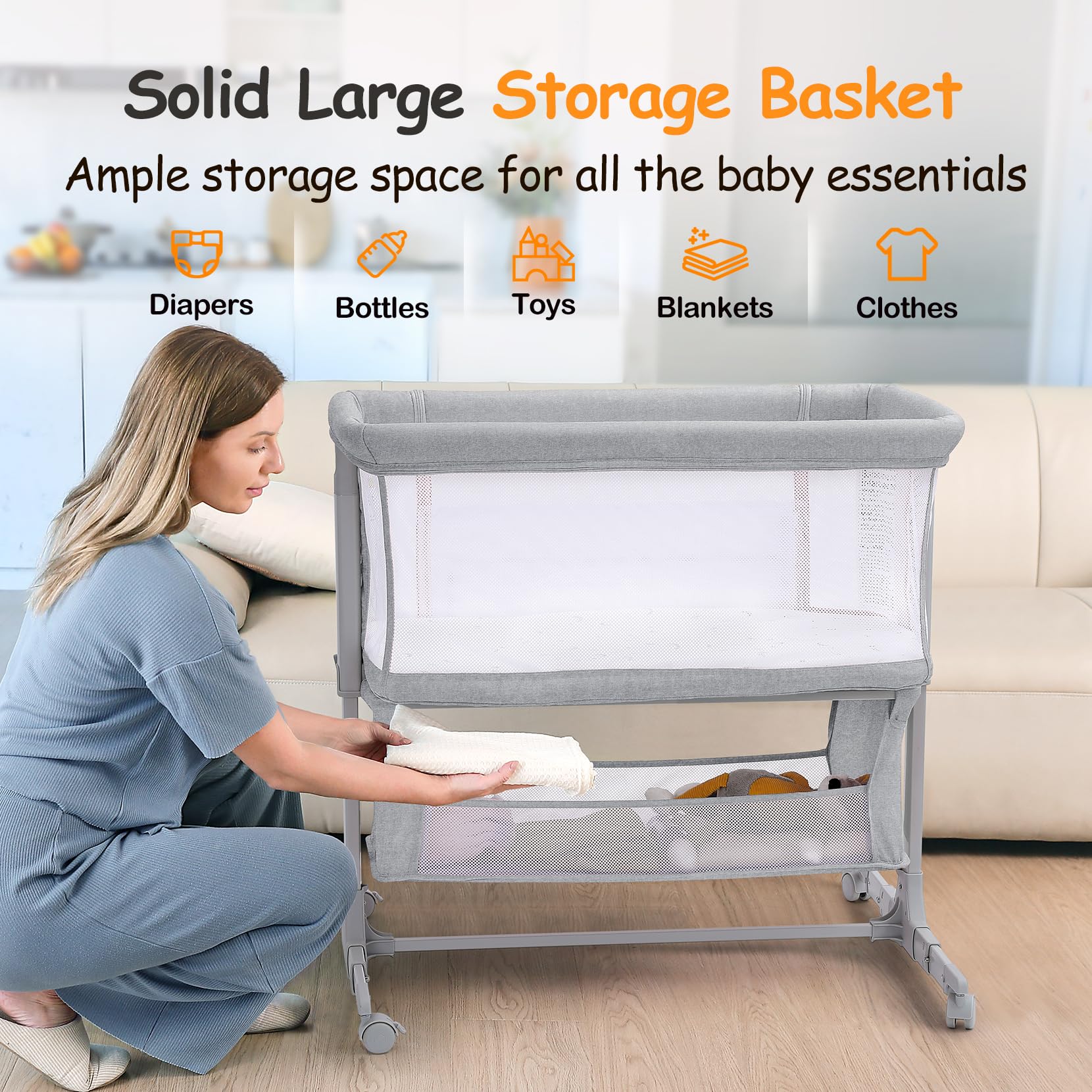 Beistellbett Baby Bettseitiger Bassinet für Neugeborene Tragbar mit Rädern Höhenverstellbar Hellgrau
