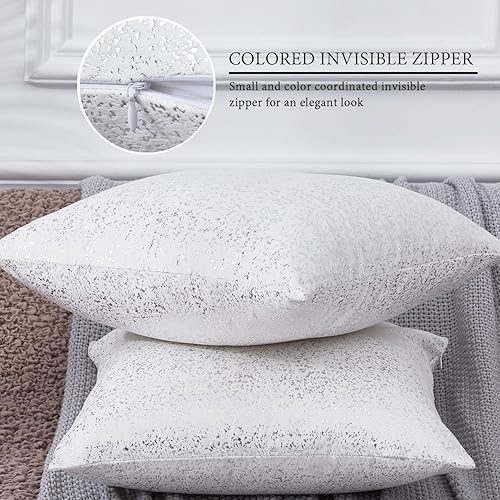 Miniatura 3 de Juego de 2 fundas de almohada plateadas, juego de 2 fundas de cojín blancas de terciopelo cuadradas decorativas con plata para decoración del hogar,