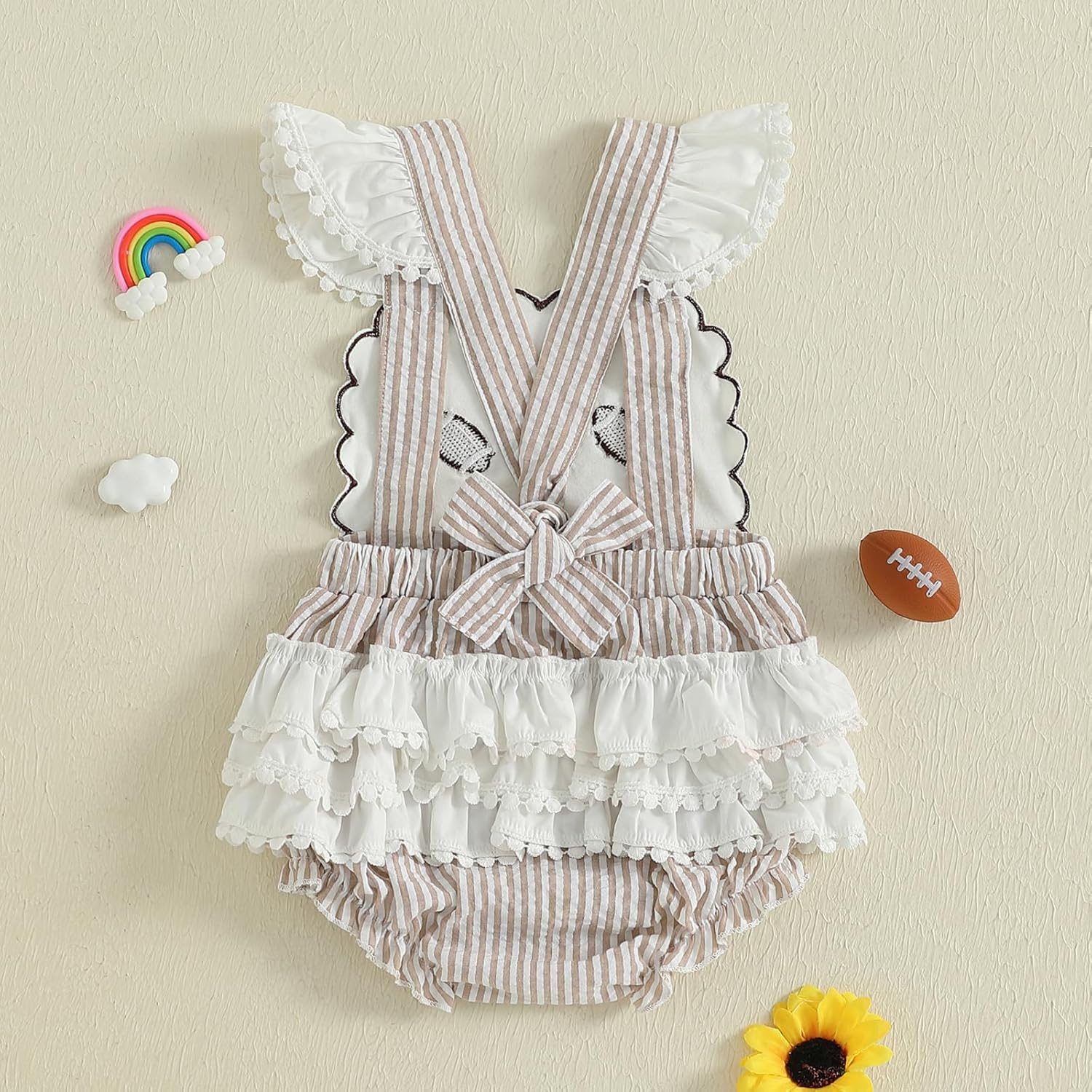 Newborn Baby Girl Football Outfit Football Embroidery Striped Bubble Romper Sleeveless Onesie Ruffle Bodysuit Overalls - Image 3