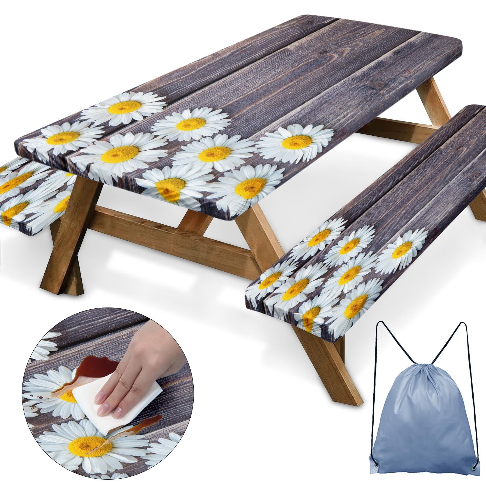 Picnic Table Cover with Bench Covers Elastic Edges Chamomile Flower Fitted Table Cover Outdoor Patio Camping Essentials 72