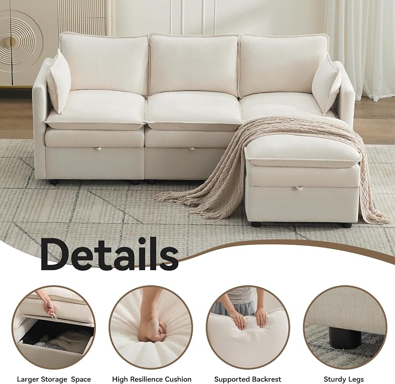 80" Sectional L Shape Sofa with Storage Ottoman, Modular Deep Seat Cloud Couch with Armrests, Modern Upholstered Sofas for Living Room, Small Space, Beige image 5