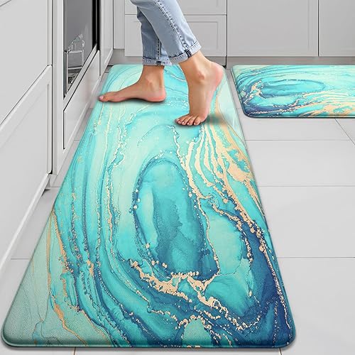 Miniatura 25 de MAYHMYO Juego de 2 tapetes de cocina antifatiga, diseño de mármol y azul, alfombrillas acolchadas y antideslizantes Azul,Azul y dorado,Marrón