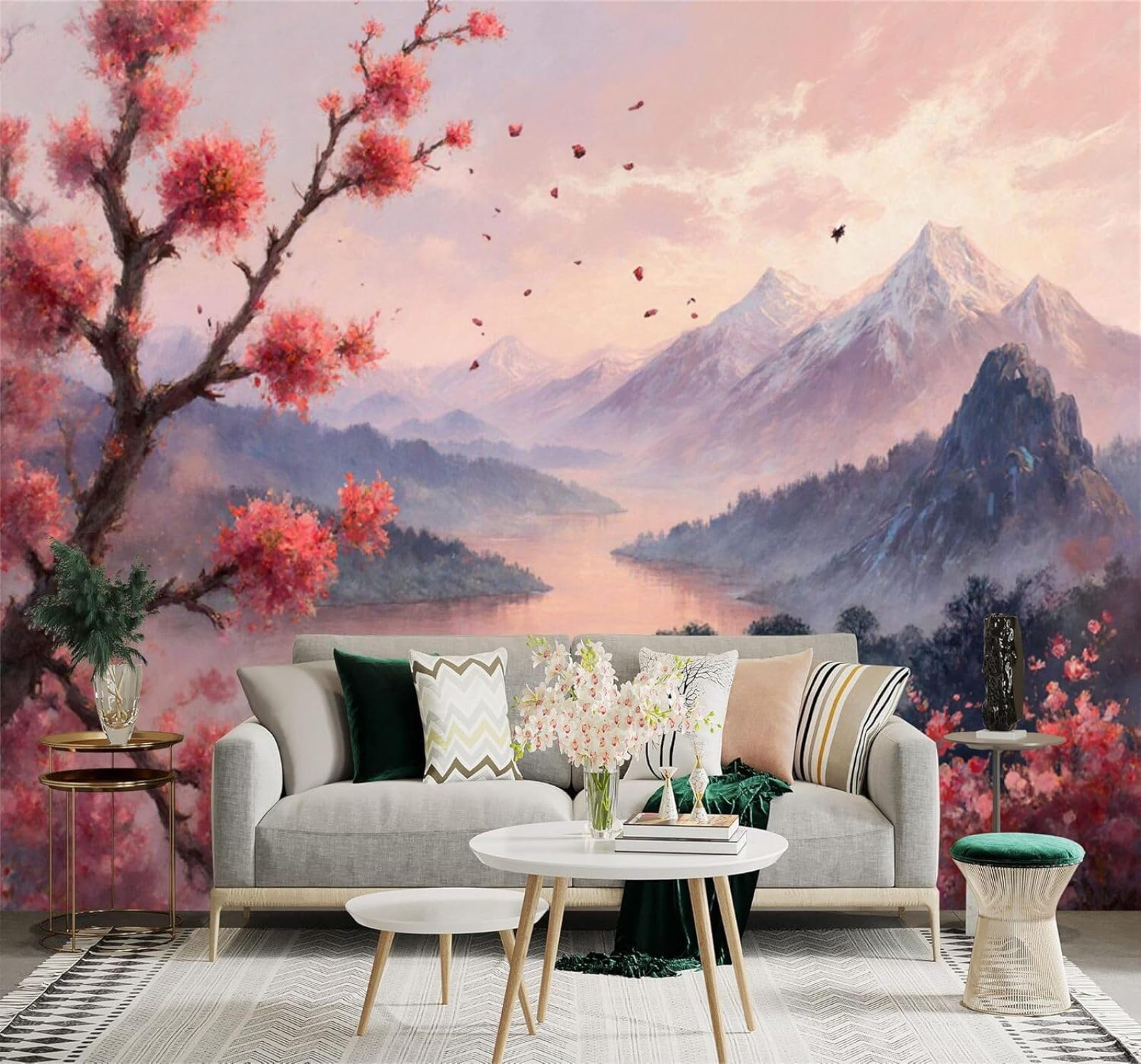 Xlming 400Cm×280Cm(B×H) Pink Cherry Blossoms Mist Shrouded Mountains River Landscape 3D Wallpaper Premium Textured Silk Study Dining Living Room Bedroom Sofa Tv Wall Easy Install-400Cm×280Cm