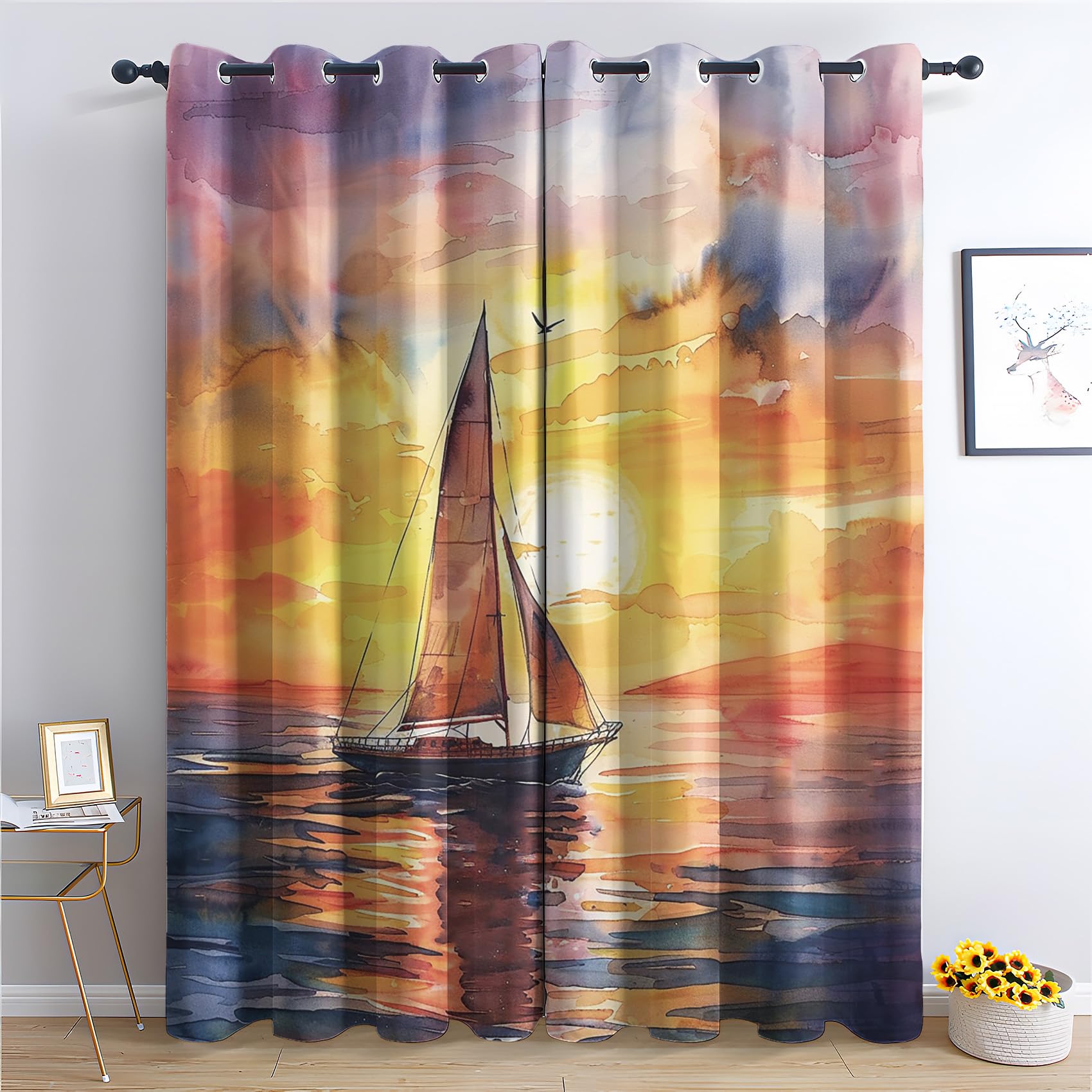 Sailbost Curtains for Bedroom Living Room - Nautical Sunset Seacape Blackout Curtains 46 x 54 Inch (Width x Drop), Thermal Insulated Eyelet Curtains & Drapes, Patterned Window Treatments C-#105