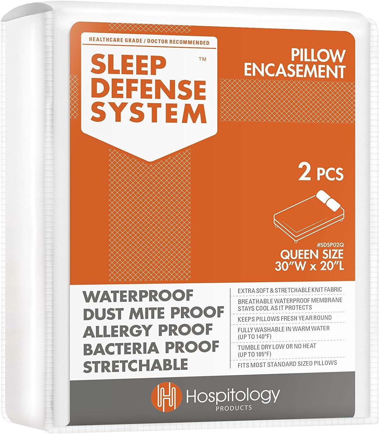 Pillow Encasement- Zippered Bed Bug Dust Mite Proof Hypoallergenic - Sleep Defense System - Queen - Waterproof - Set of 2 - 20" H x 30" W