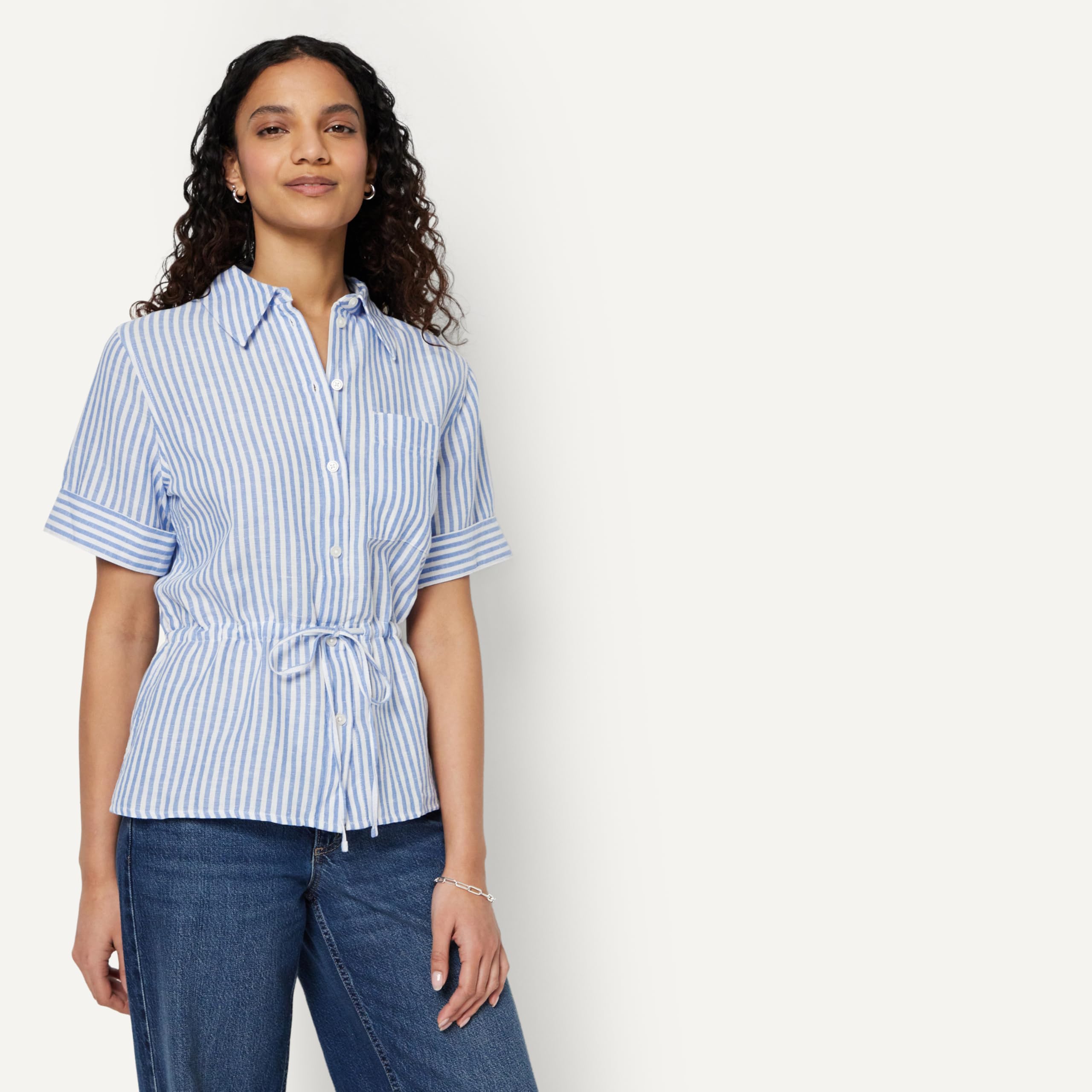 Amazon Essentials Camicia a Maniche Larghe e Regolabile in Vita, in Misto Lino, Vestibilità Comoda Donna
