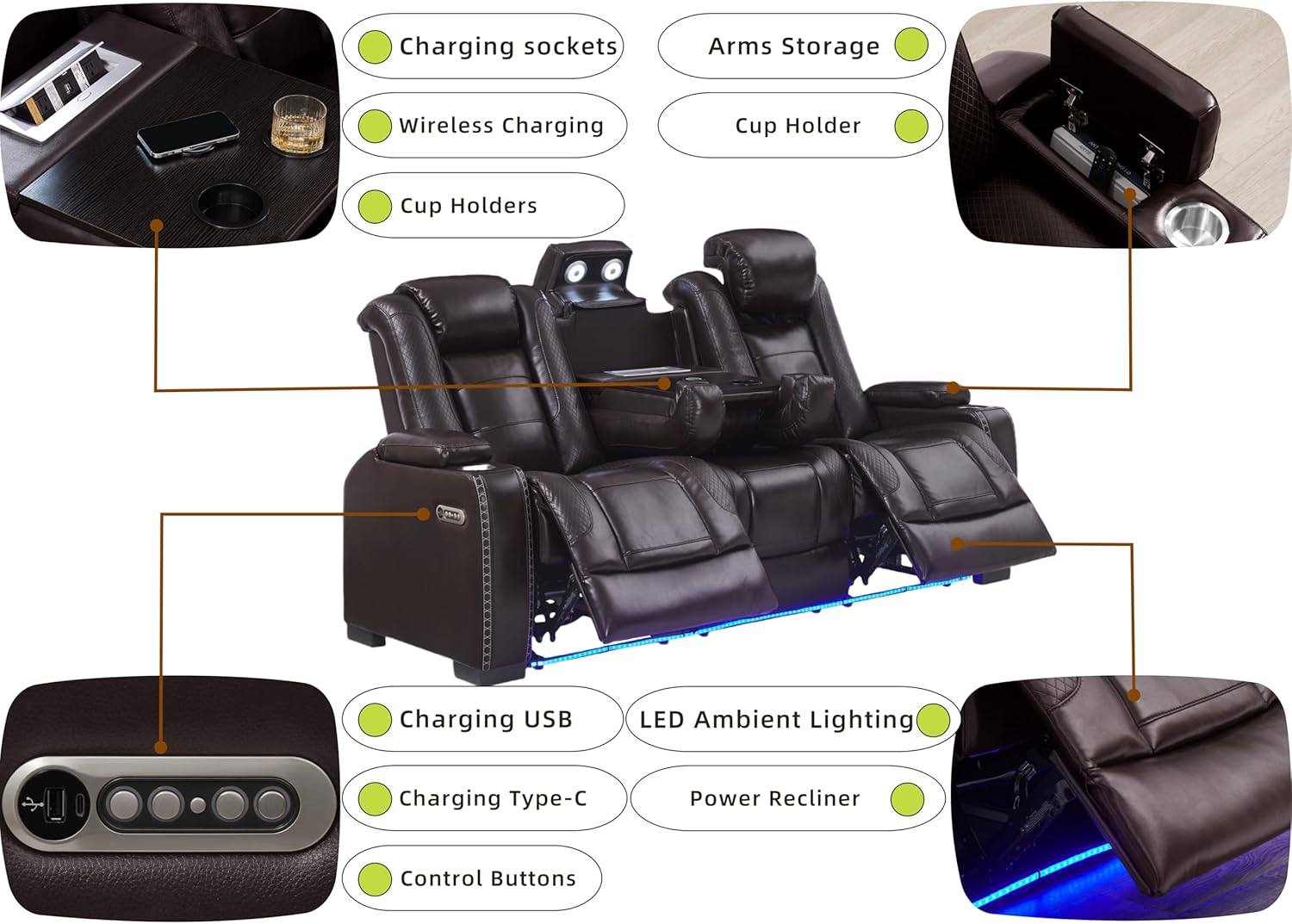 THSUPER Breather Leather Power Recliner Sofa Couch Set with Adjustable Headrest and Cup Holders, Reclining Couches with Wireless Charging for Living Room Furniture Sets. Brown