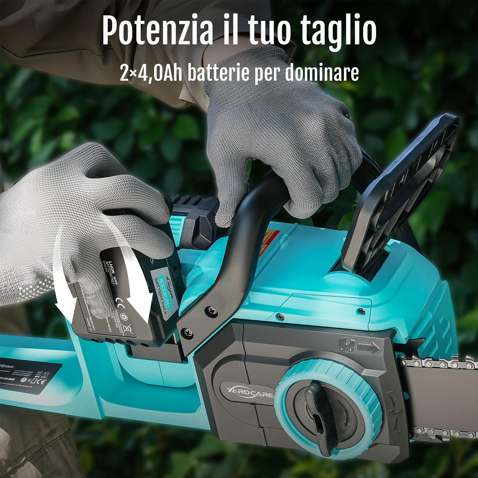 YARDCARE Motosega a batteria 16 pollici, motore brushless da 1600 W, velocità della catena 21 m/s, con display LED e 2× batterie da 4 Ah, tensionamento senza attrezzi e lubrificazione automatica