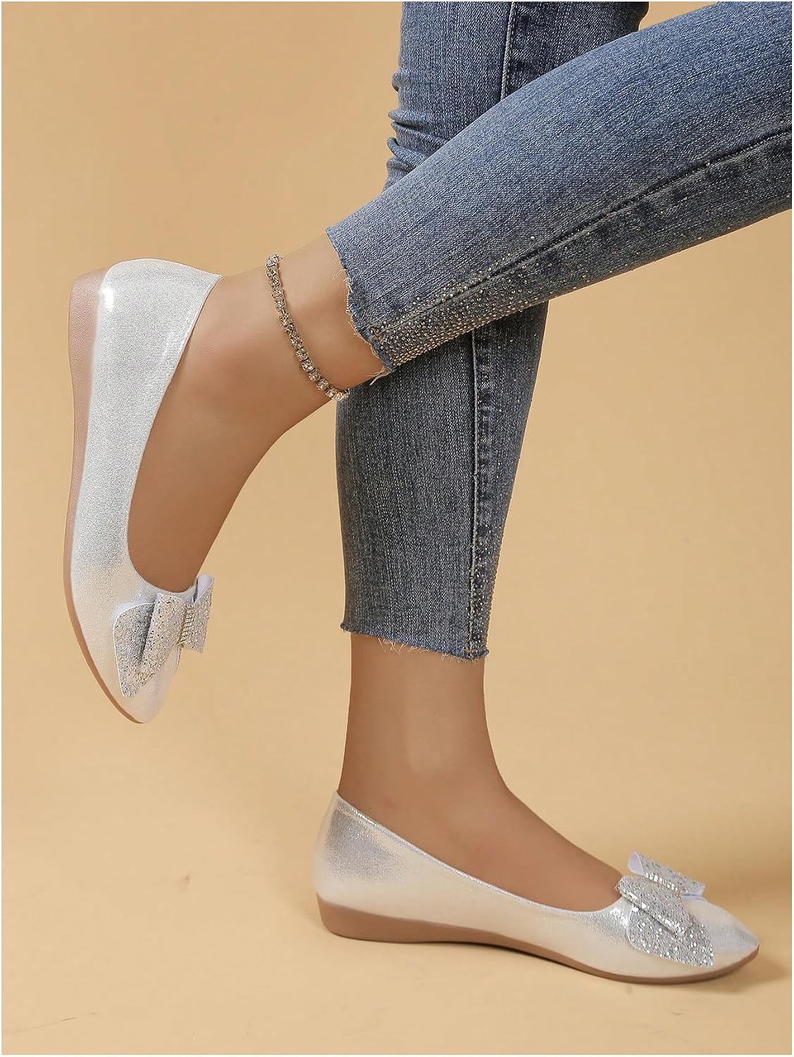 GORGLITTER Women's Bow Knot Ballet Flats Sparkly Metallic Closed Pointed Toe Wedding Party Dress Shoes