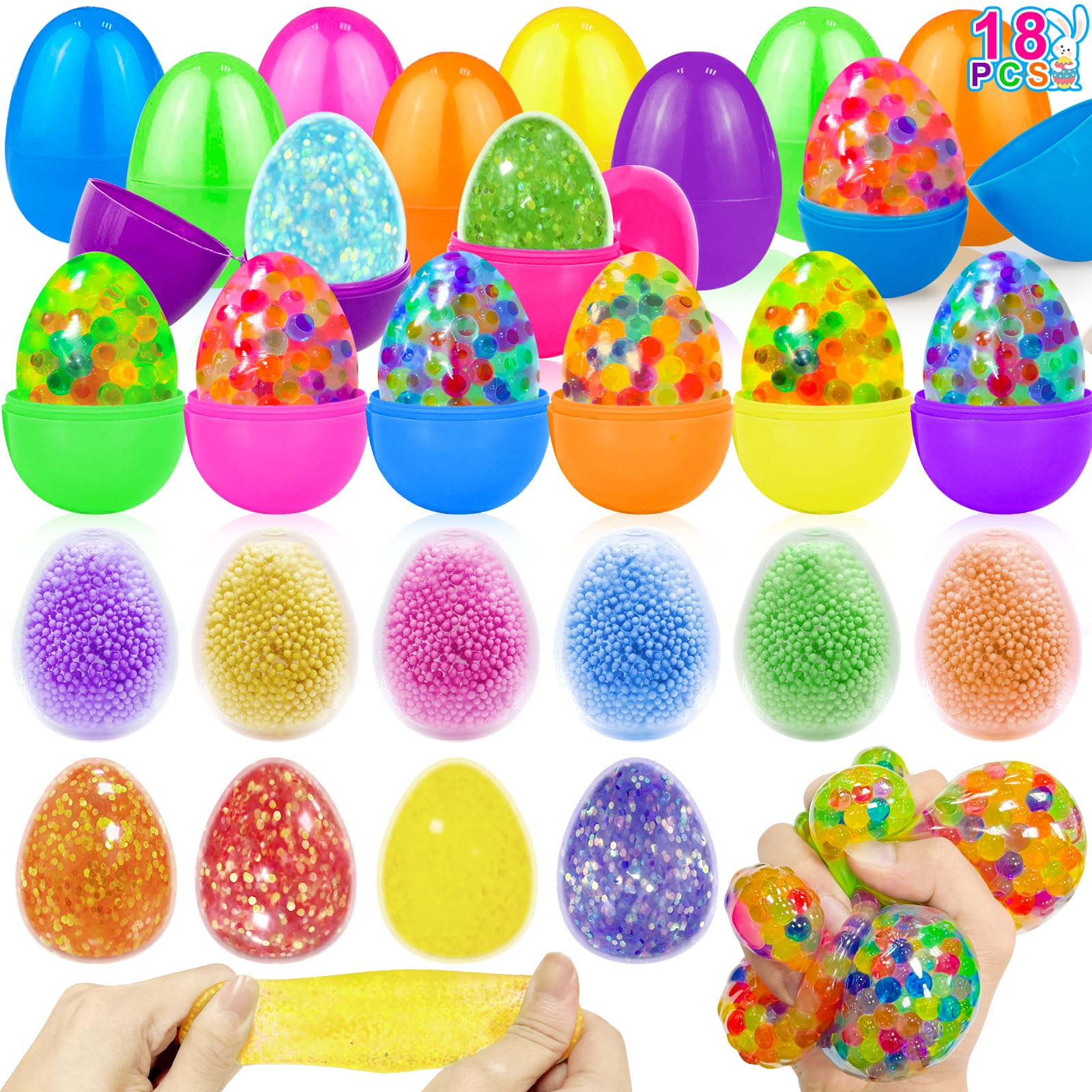 18 Pack Prefilled Easter Eggs with Stress Balls Squishy Fidget Toys Stress Relief Easter Basket Stuffers for Toddler Kids Girls Boys Teens Easter Egg Fillers Hunt Party Favors Gifts Classroom Prizes