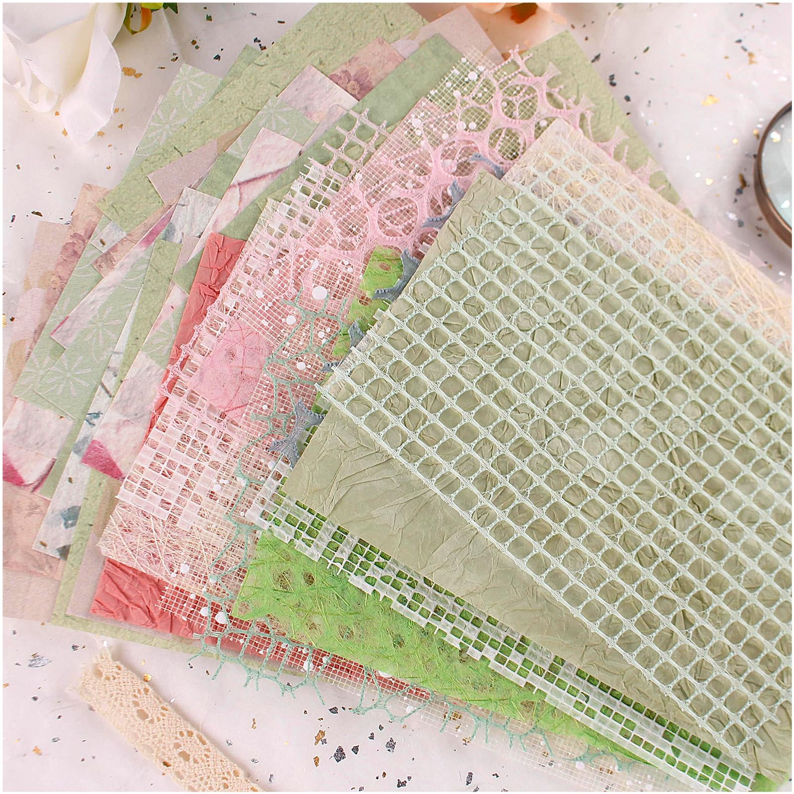 Diuhofart Textured Scrapbook Paper and Mesh Material Assorted Packs of 40 Sheets - Decorative Craft Paper for Junk Journaling Scrapbooking Supplies Mixed Media Collage Card Making Embellishments