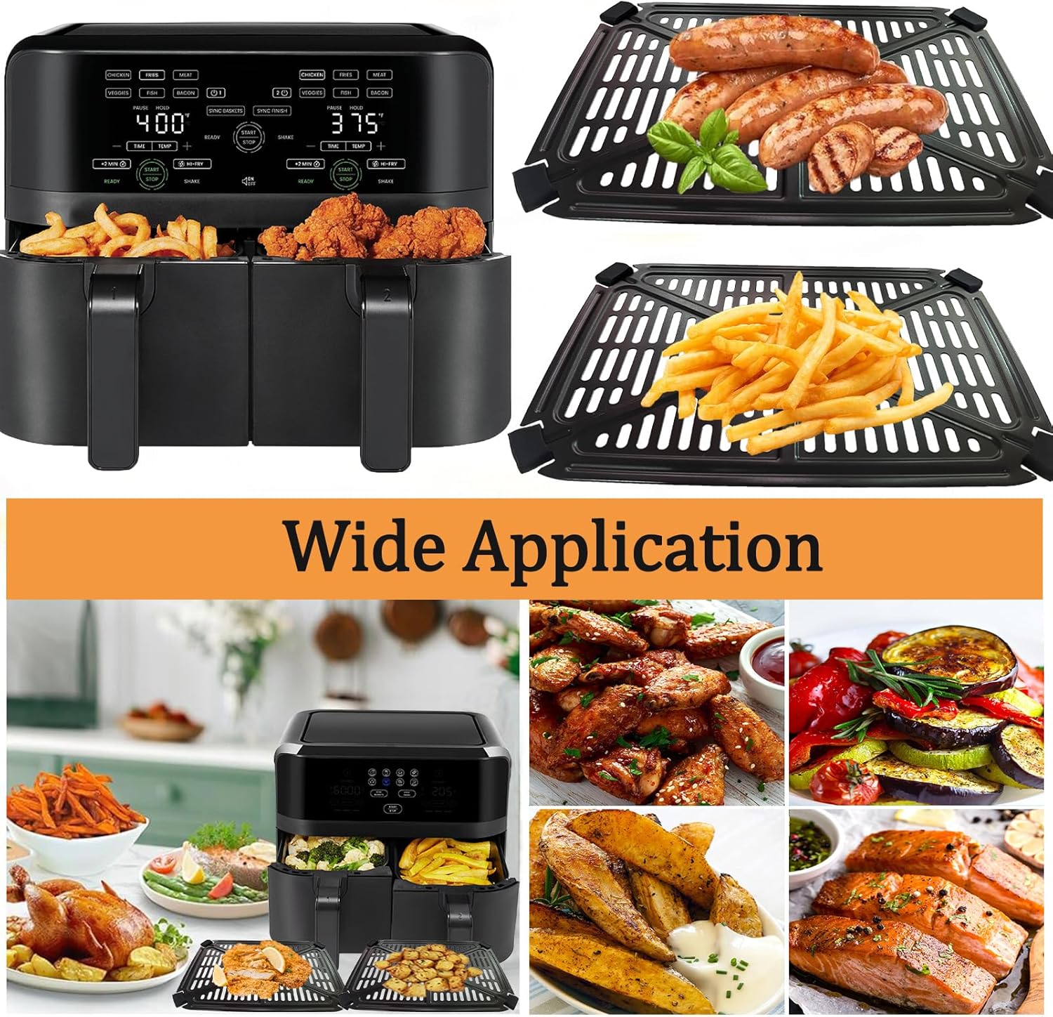 Air Fryer Tray for Chefman TurboFry Touch 9QT Dual Air Fryers, 2 Pack Premium Grill Plate Pan Crisper Tray Rack Grate Grid Shelf for 9QT Chefman Dual Air Fryer, Nonstick, Dishwasher Safe