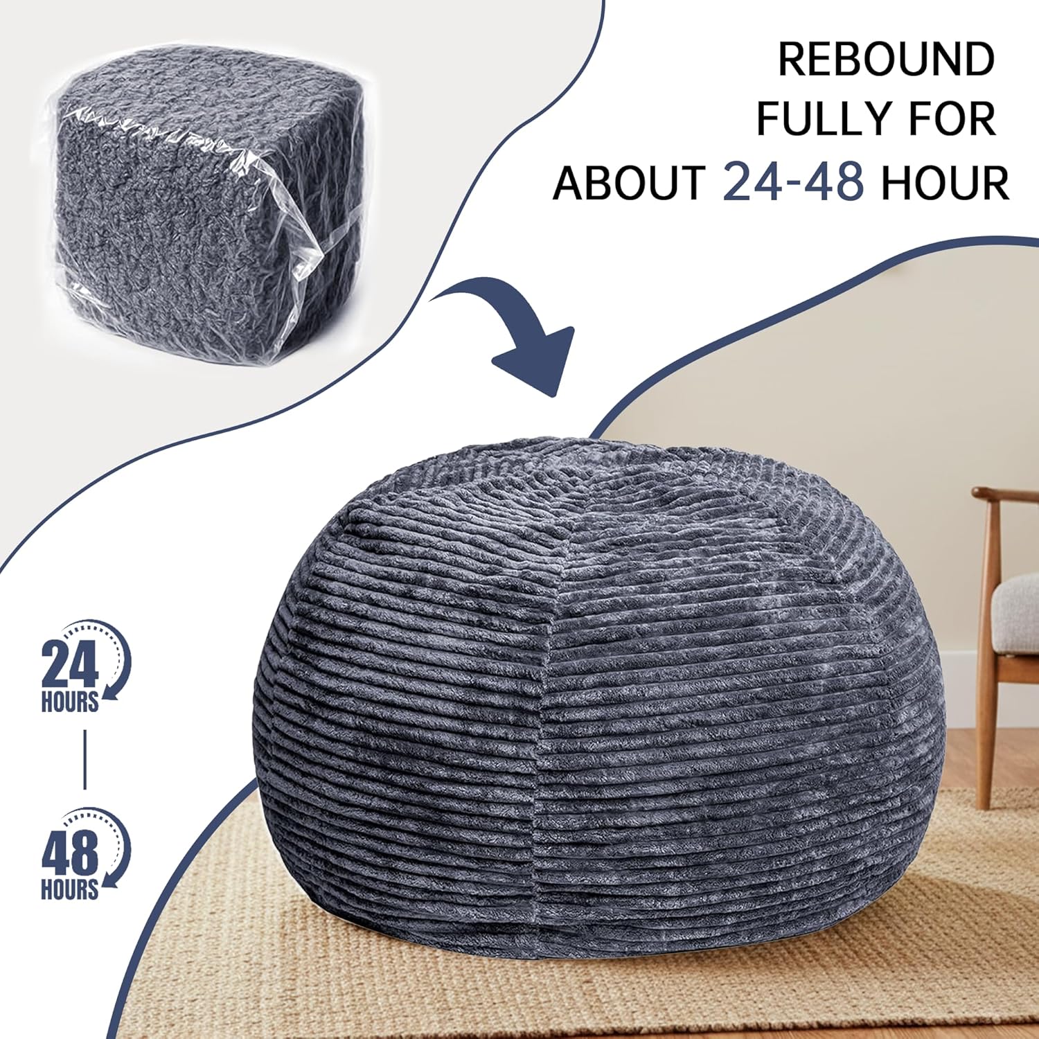 5FT Bean Bag Chair, Giant Bean Bag Chairs with Memory Foam Filled, Bean Bag Chairs for Adults with Corduroy Cover, Ultra Soft Lazy Sofa for Living Room Bedroom (Grey)