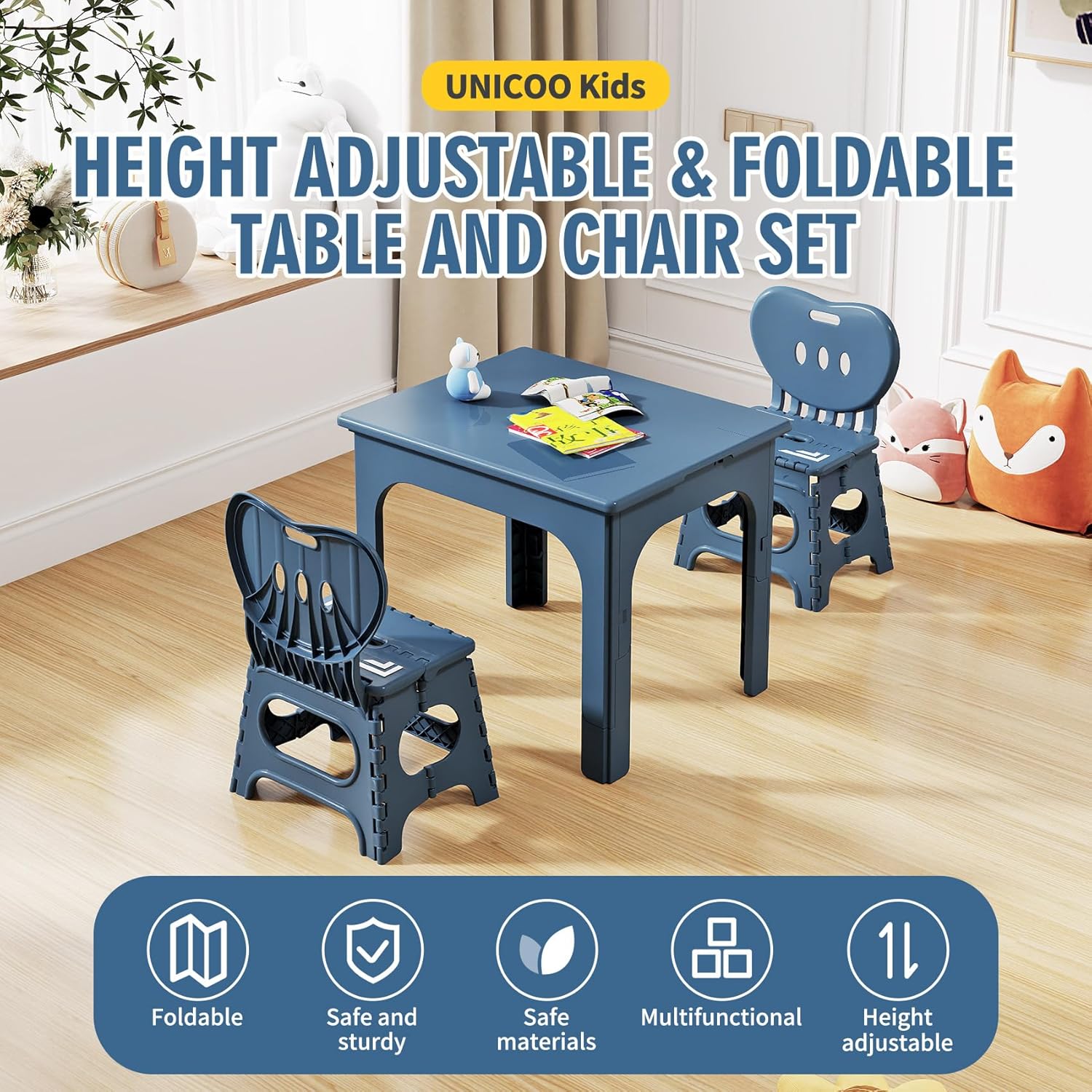 UNICOO® Kids Foldable & Height Adjustable Table Set w/2 Folding Chairs, Compact, Collapsible & Portable, Toddler Activity, Picnic Table, Card Table, Indoor/Outdoor (699) (Blue)