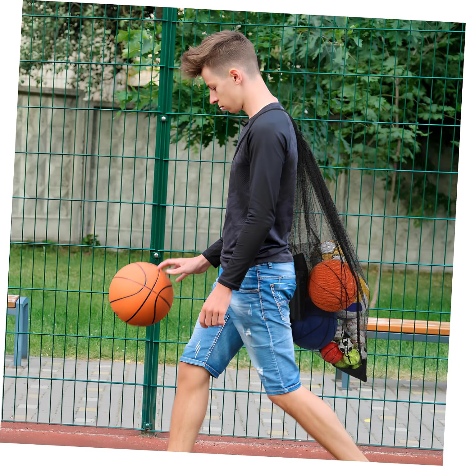 LIOOBO Large Capacity Mesh Ball Bag for Sports Drawstring Football Basketball Volleyball Soccer Storage Bag Zippered Pocket