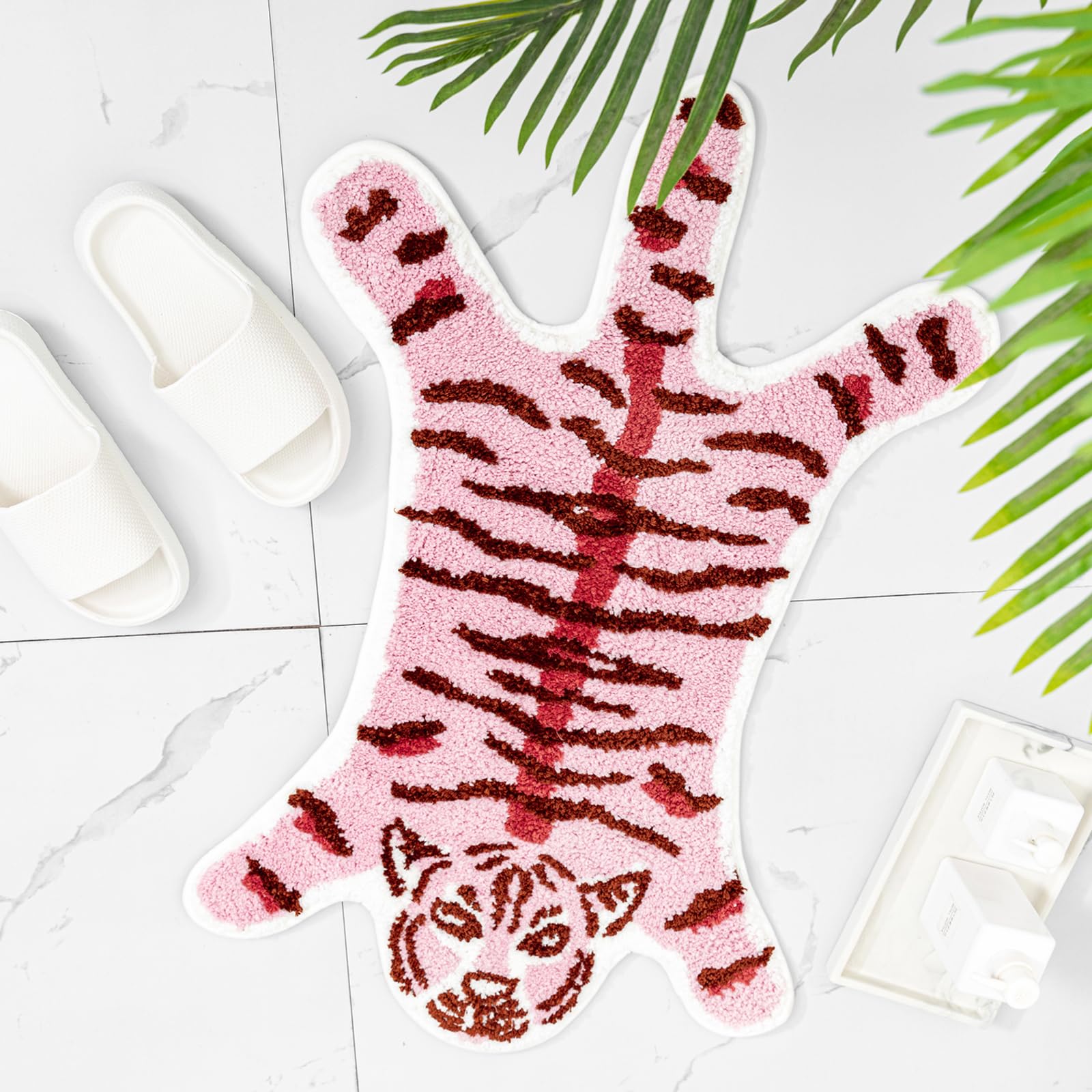 Seek4comfortable Tiger Shaped Bath Mat for Bathroom, Pink Tiger Bathroom Rug Non-Slip Animals Bath Mats Absorbent Bathtub Rug Playma Shower Rugs
