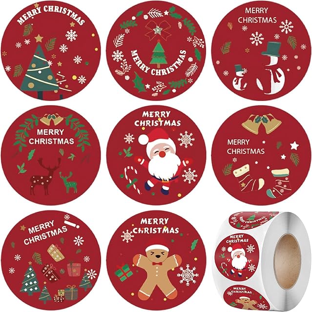 Masper 500 1½ inches Christmas Stickers, 8 Designs of Merry Christmas Stickers for Crafts Presents Kids Envelopes Card Making