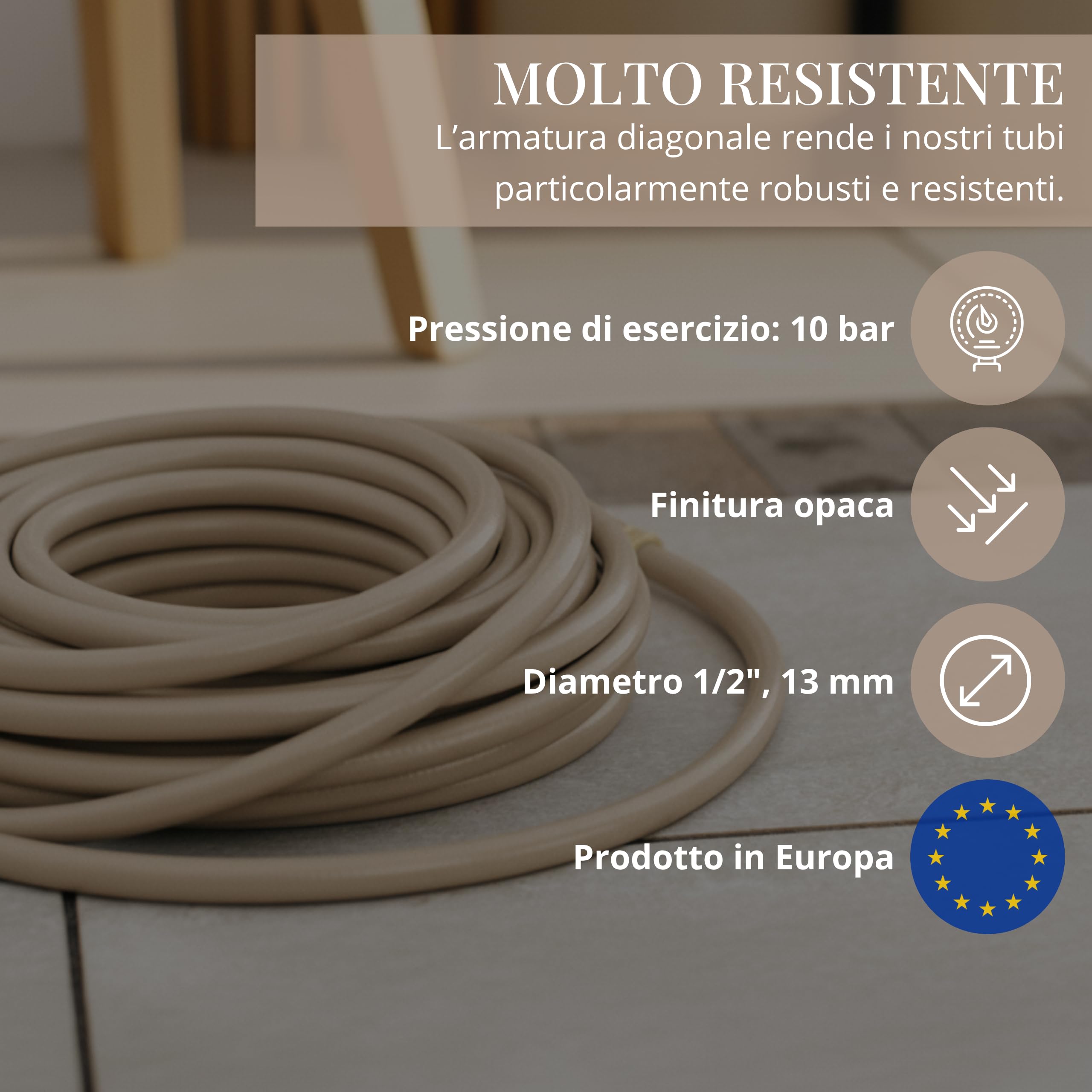 LIVLIG Set tubo 50 m 1/2" – tubo anti‑piegatura e UV con pistola e raccordi (G3/4, stop 1/2, rapido) – Beige