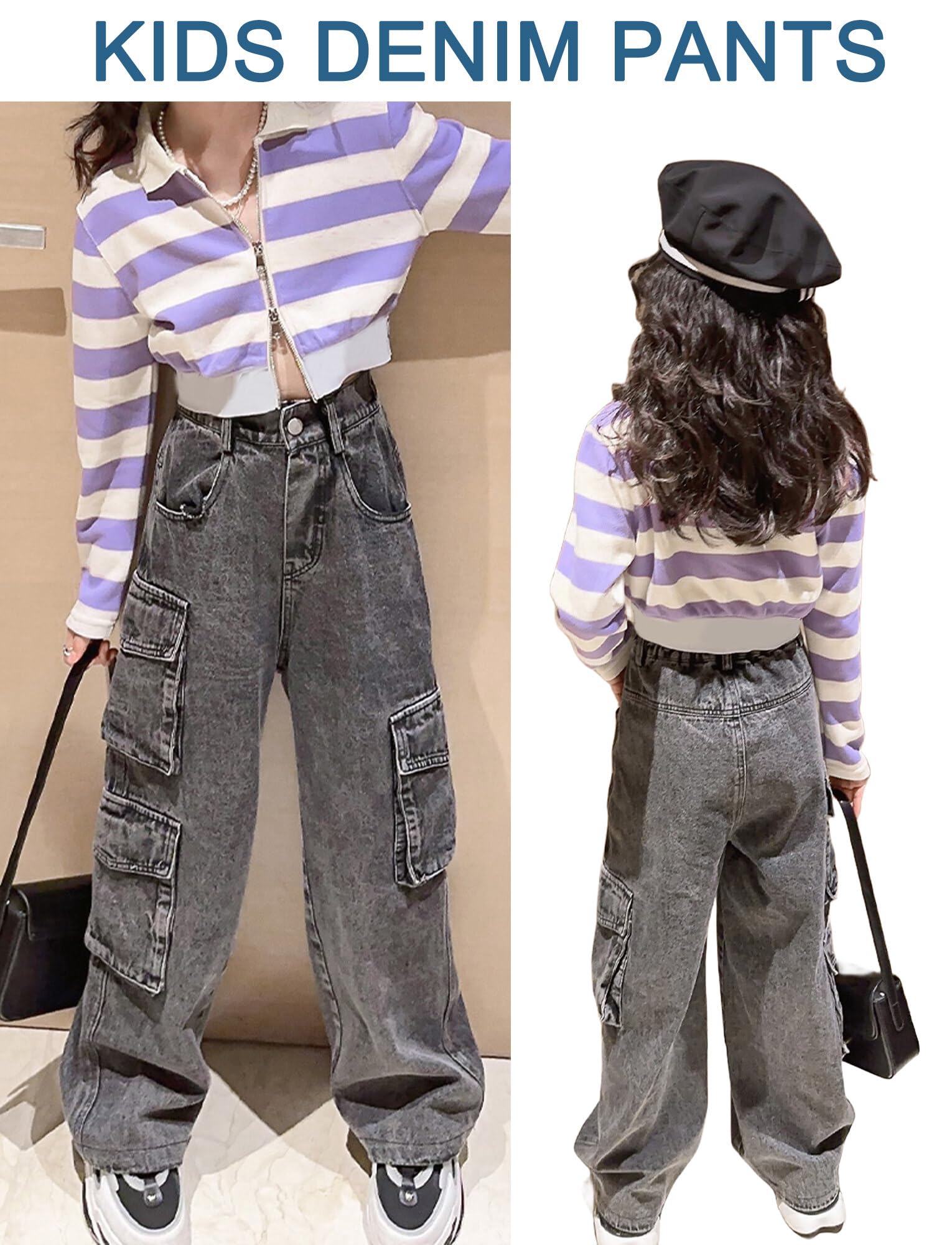 Happy Cherry Jeans Chica Retro Pierna Ancho Cargo Pantalones Patas Elásticos 5-15 años