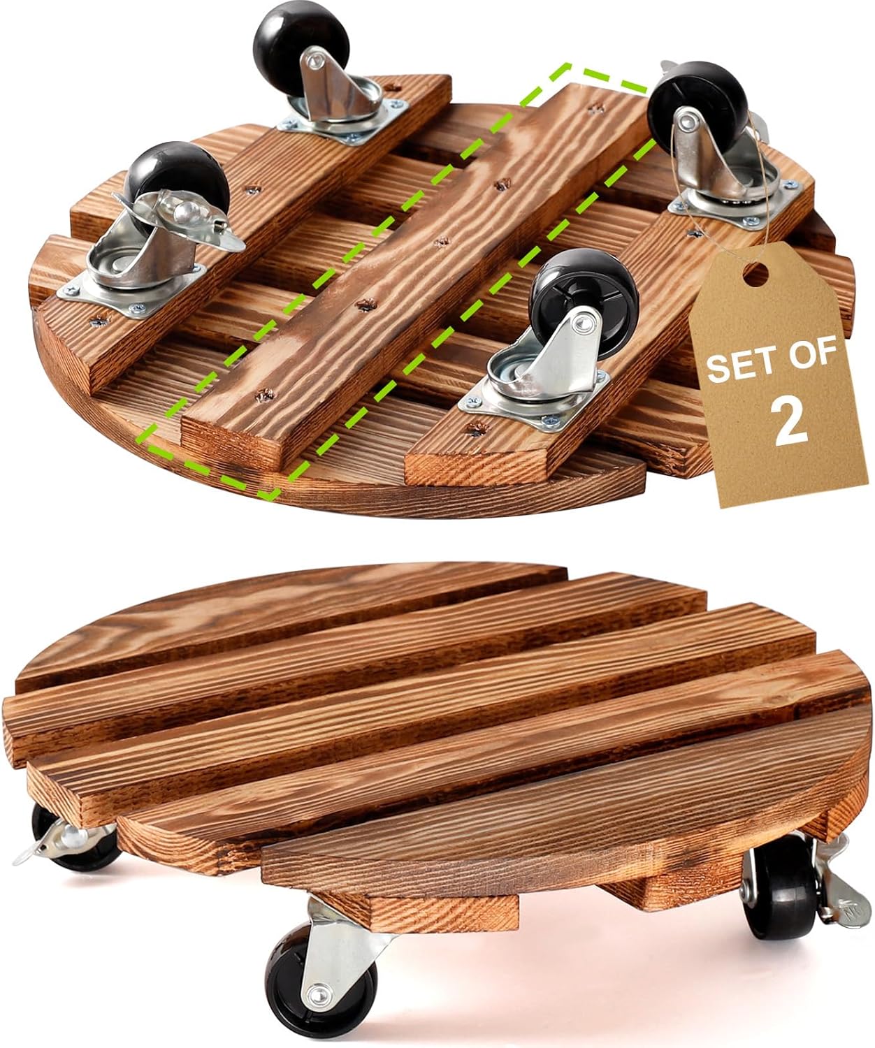 HOHY 2-Pack 12" Plant Caddy Plant Stand with Wheels Heavy Duty Wood Rolling Plant Stand with 2 360° Lockable Wheels,Indoor Outdoor Plant Roller for Large Planters, Flower Pot, Patio