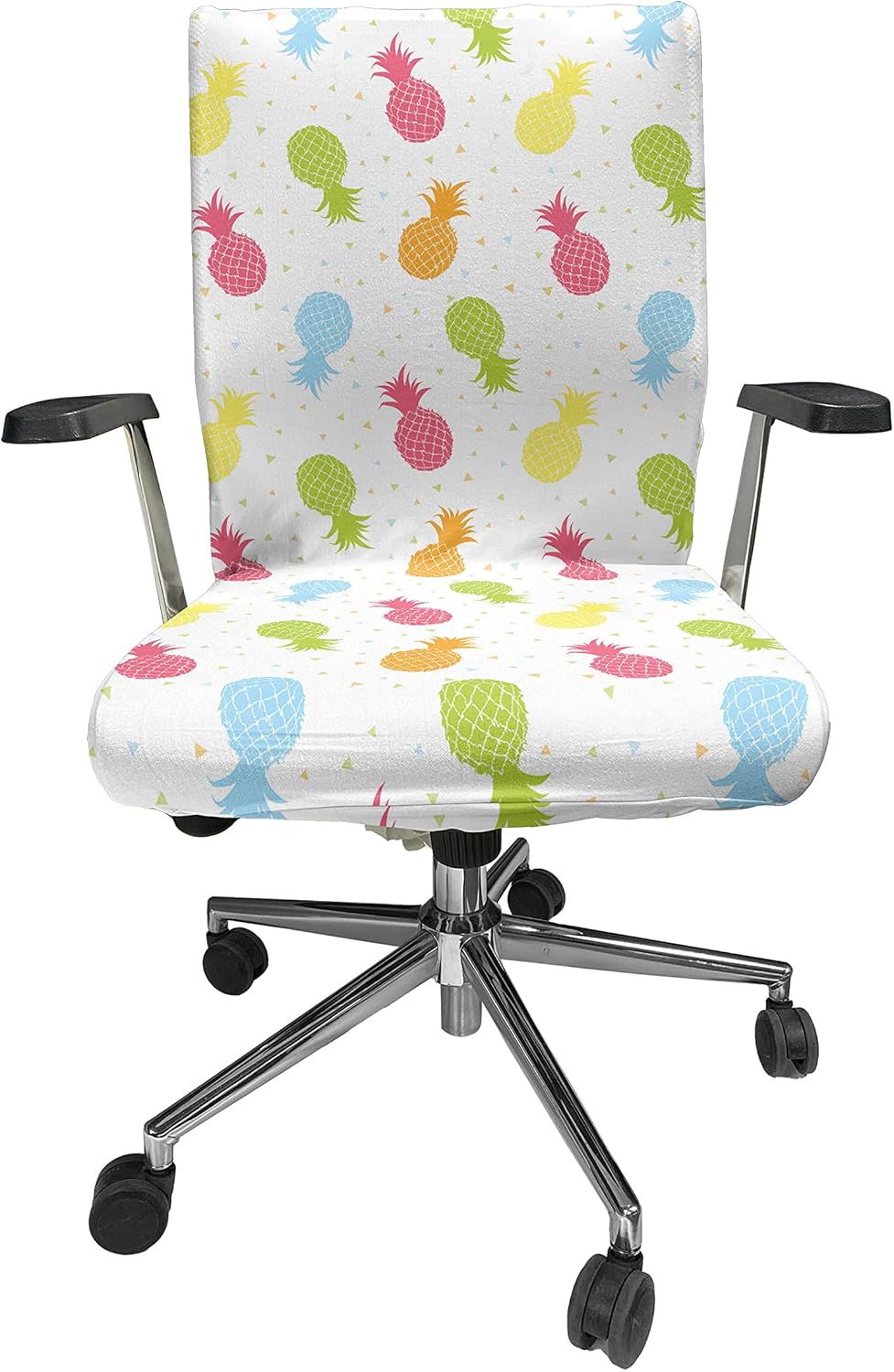 Ambesonne Pineapple Office Chair Cover, Fresh Tropical Hand Drawn Hawaii Foliage Colorful Triangles Background, Stretchable Decorative Universal Size High Back Printed Slipcover, White Blue Pink Green