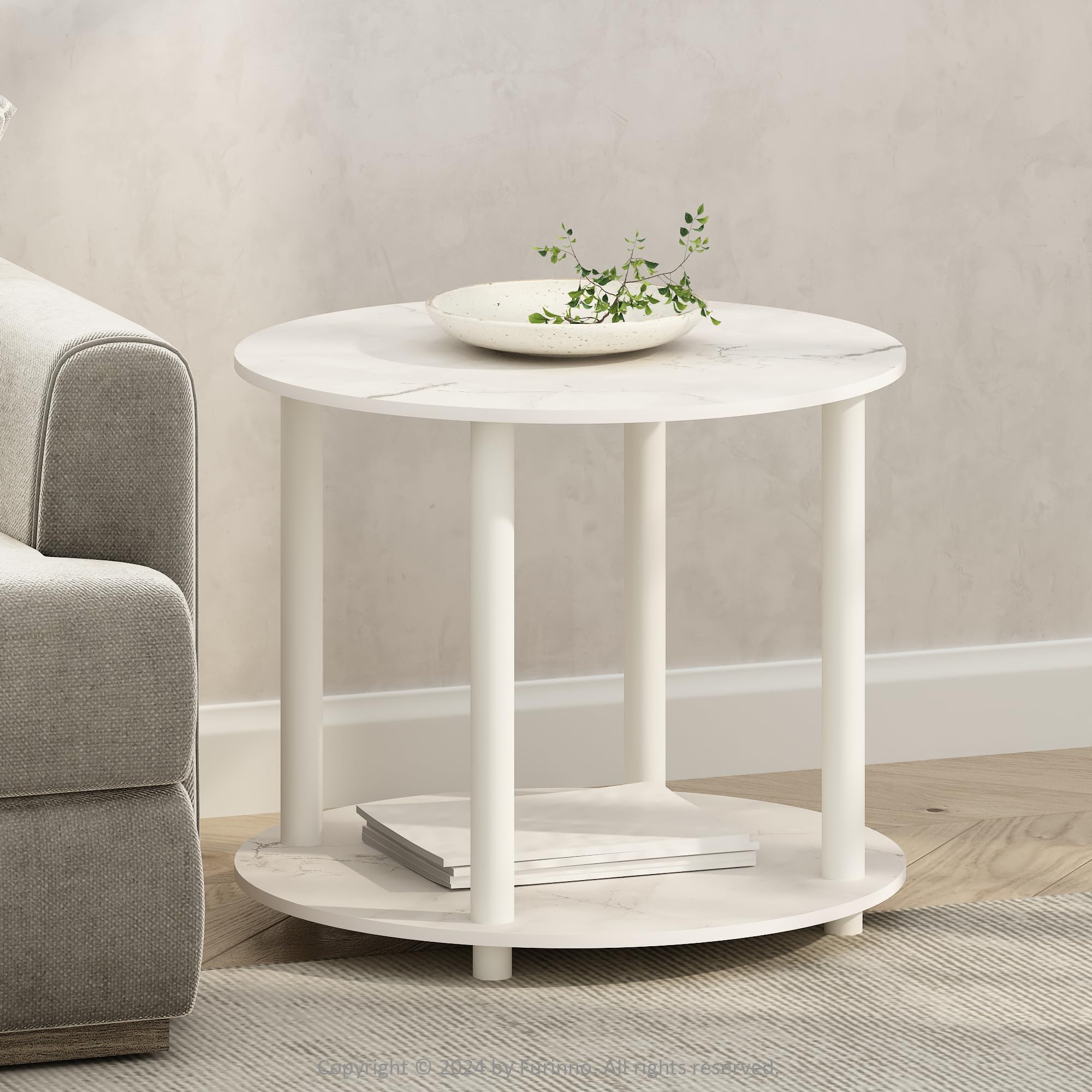 Furinno Turn-N-Tube Simple Design 2-Tier Round Wooden Side End Table, Marble White