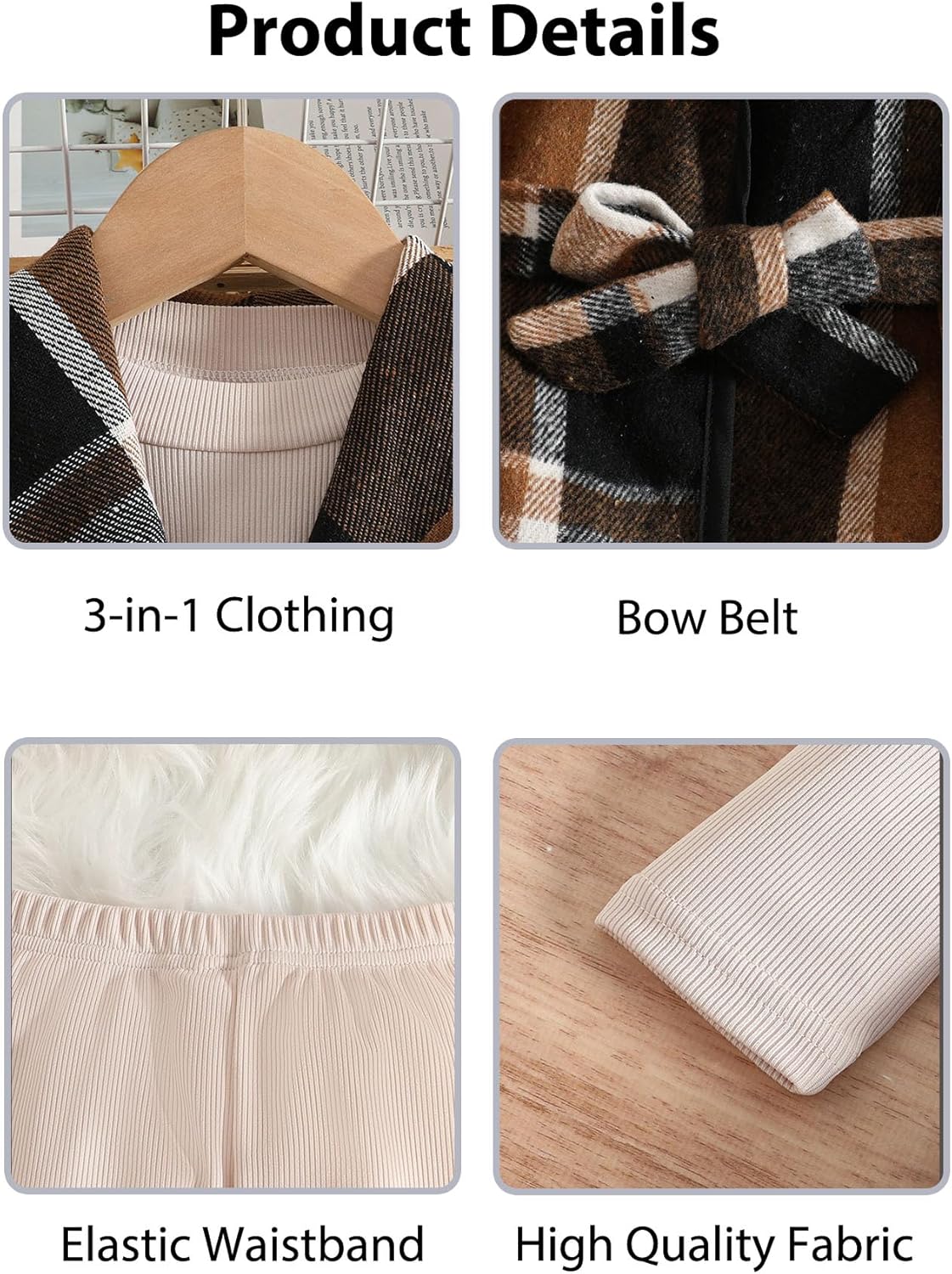 Kid Girls Clothes 3 Piece Outfits Plaid Flannel Belted Vest & Long Sleeve Top and Pants- Fall Clothing Sets - Image 5