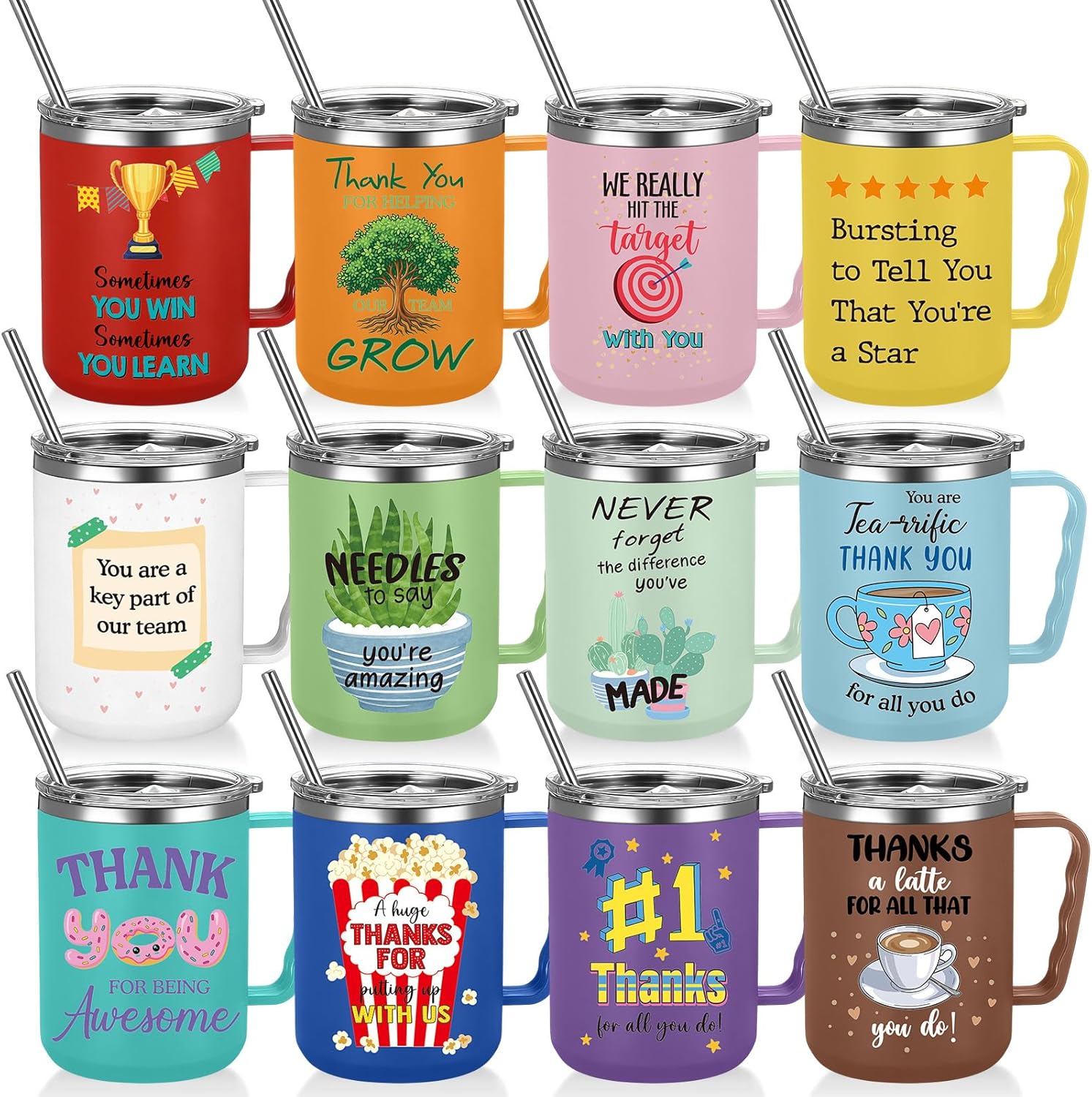 Umigy 12 Pcs Christmas Coffee Mug Employee Appreciation Gift Bulk Christmas 17oz Tumbler with Handle Vacuum Stainless Steel Insulated Xmas Cup for Coworker Nurse Teacher(White,Nostalgic Style)