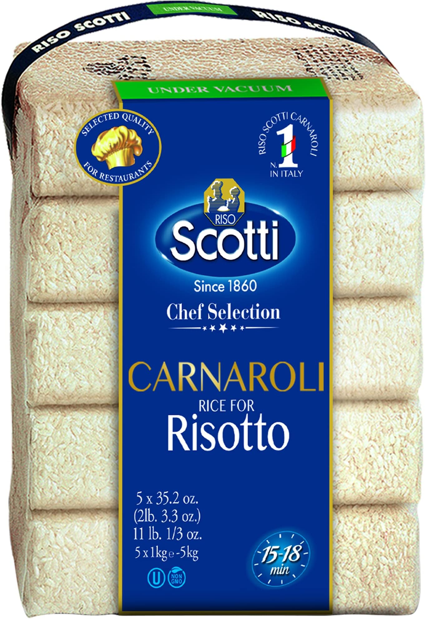 Riso Scotti Carnaroli Rice for Risotto, 11 lbs (5x1 kg), Product of Italy, Chef Selection, Gluten Free, Non-GMO, Vacuumed Packed