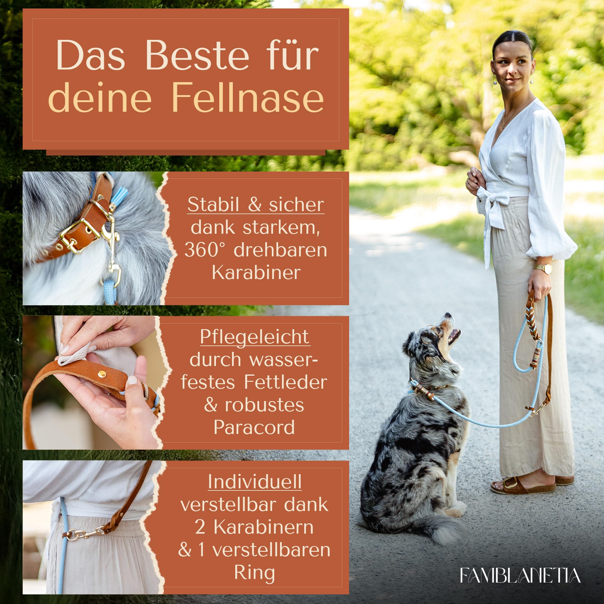 Famblanetia - Guinzaglio per cani in pelle, 2-3 m