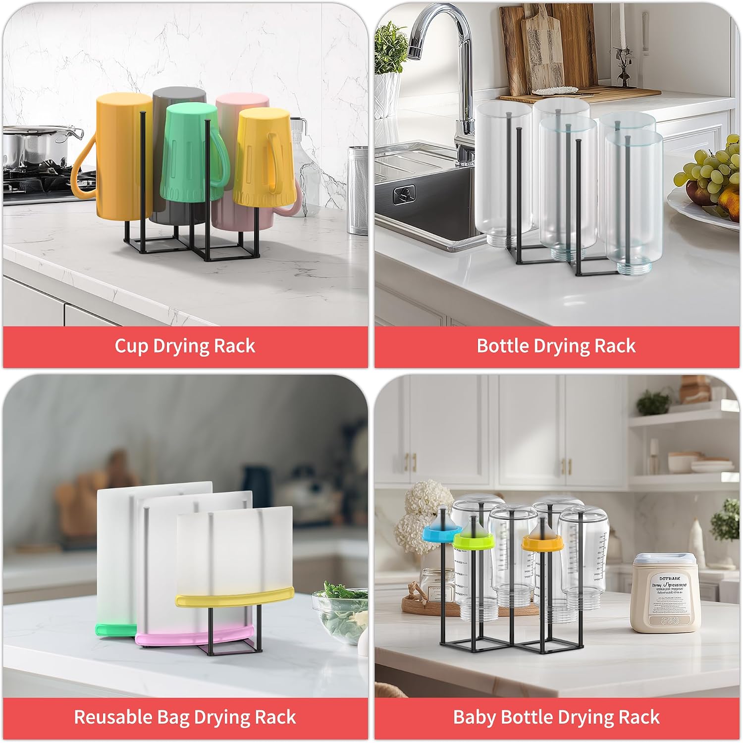 Collapsible Bottle Drying Rack, Baby Bottle Drying Rack, Foldable Cup Draining Holder, Retractable Reusable Silicone Bag Dryer with Non-Slip Bottom - Stainless Steel (Black)