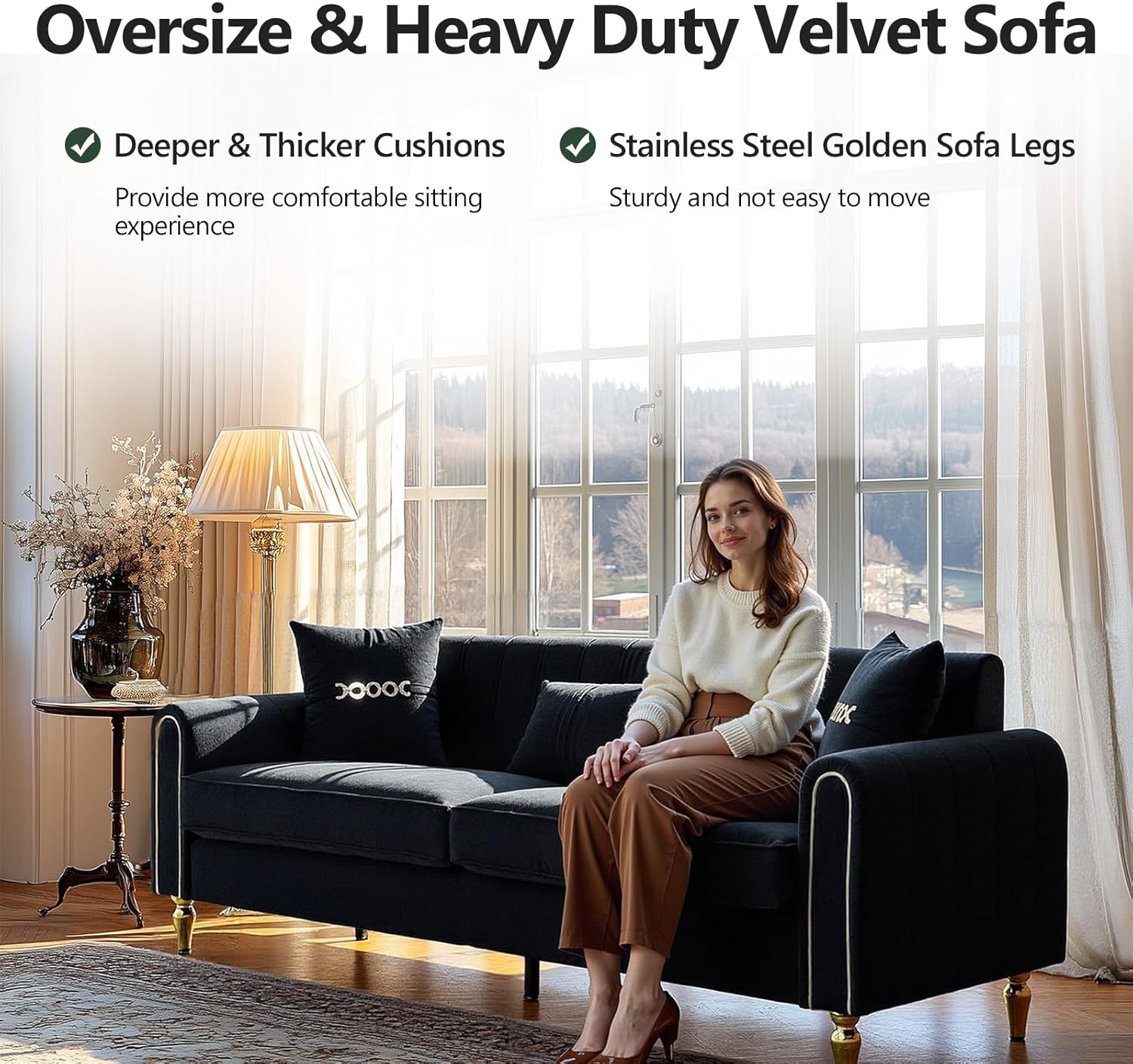 87.5" Modern 3-Seater Velvet Couch with Metal Legs & Decorative Pillows, High Resilience Sponge Spring Seat, Luxury Sectional Loveseat Sofa for Living Room Apartment Small Space Black