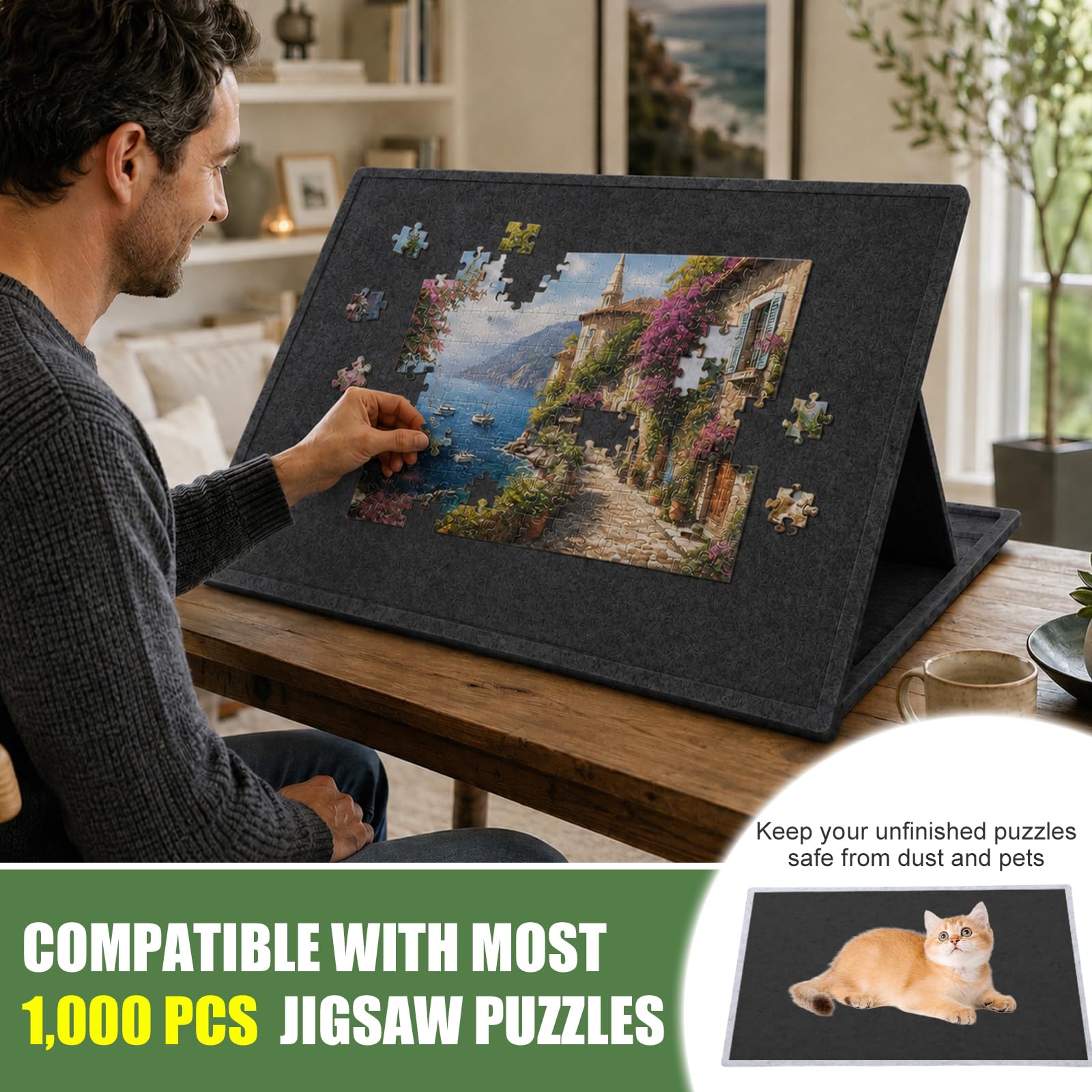 Składany stół do puzzli z 3 kątami nachylenia, 78 x 55 cm, na 1000 części, z 6 kolorowymi tacami do sortowania i rolką z filcu ochronnego, ergonomiczny stół puzzli, pyłoszczelny, antypoślizgowy i