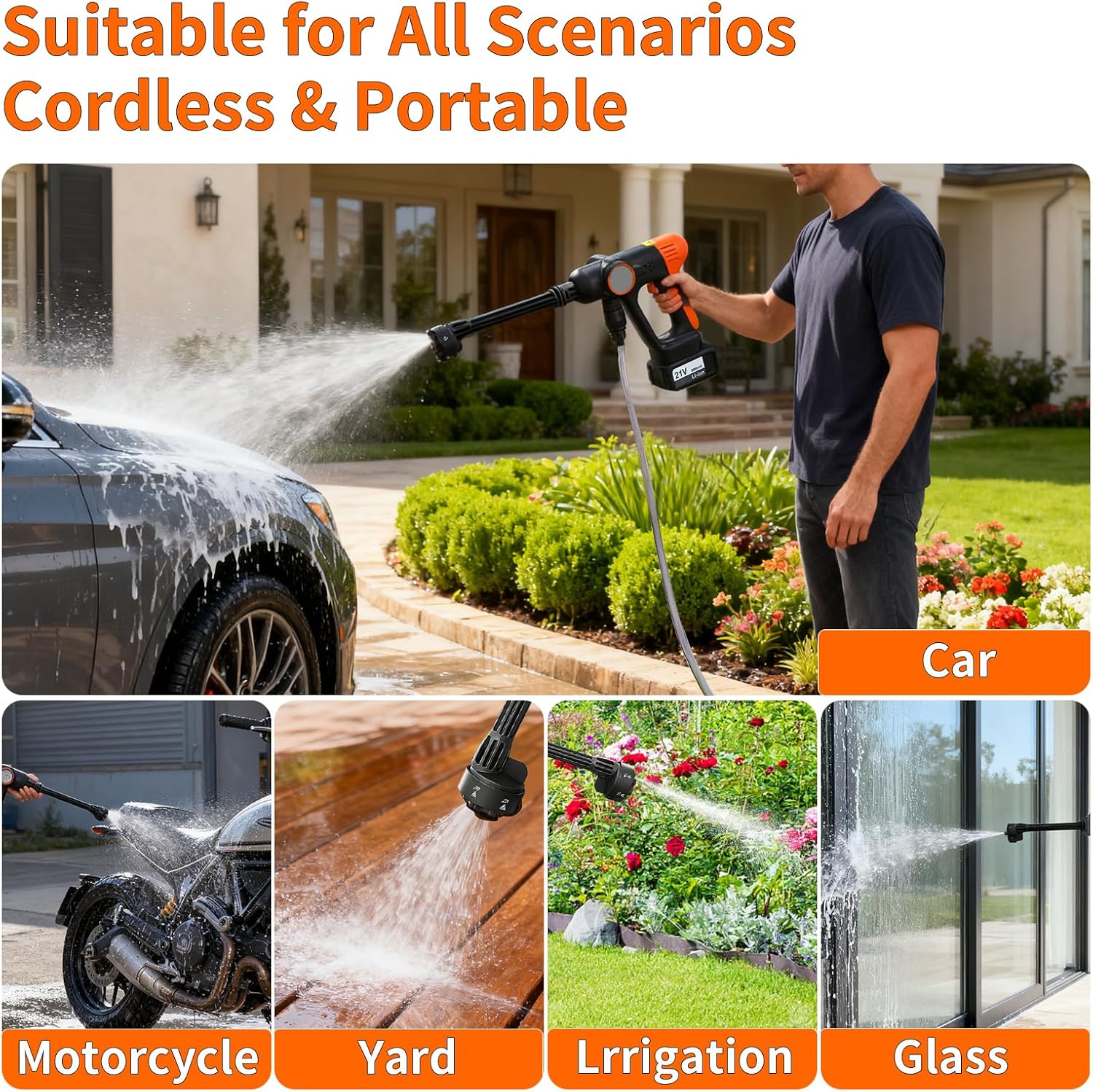 Cordless Pressure Washer Battery Powered, 800PSI Portable Electric Power Washer with 6-in-1 Nozzle, 21V Battery & Charger Included for Car, Home, Garden Cleaning - Image 4