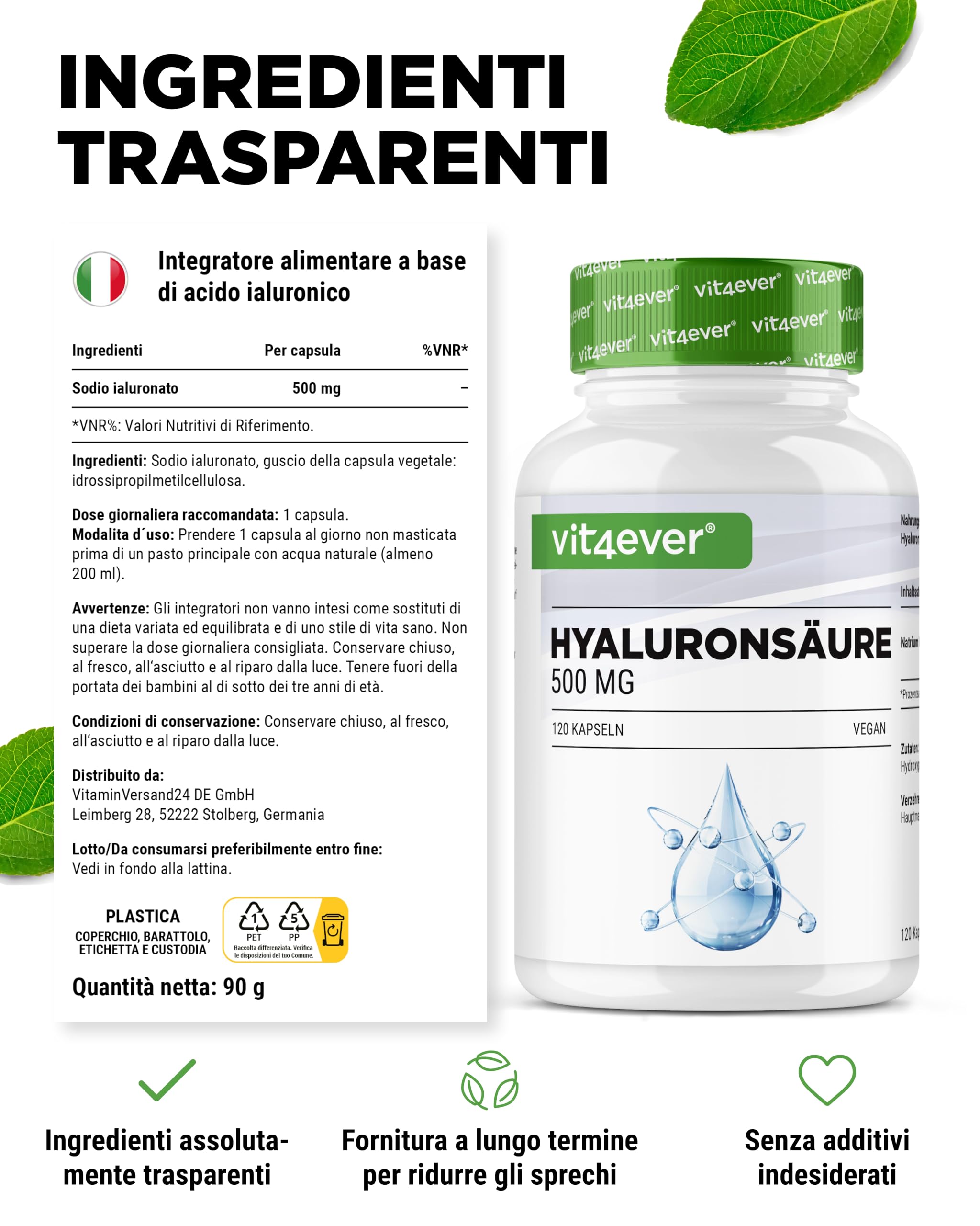 Acido ialuronico - 120 capsule con 500 mg di acido ialuronico per 4 mesi - 500-700 kDa - Da fermentazione vegetale - Senza additivi indesiderati, altamente dosato, vegano