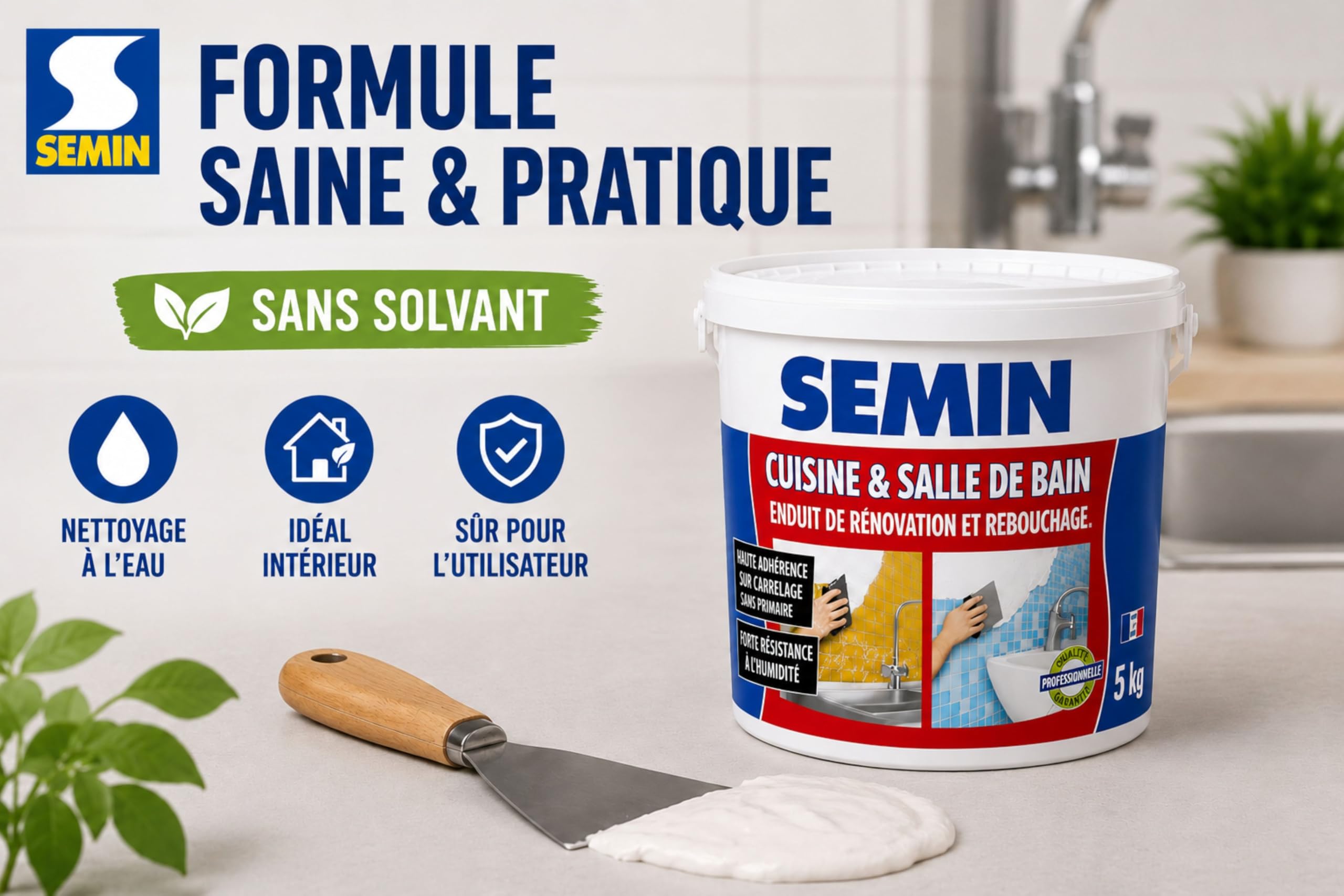 SEMIN Enduit de Rebouchage & Rénovation Cuisine et Salle de Bain 5kg – Enduit Prêt à l’Emploi, Haute Adhérence sur Carrelage sans Primaire, Résistant à l’Humidité, Murs Intérieurs - Lot de 5