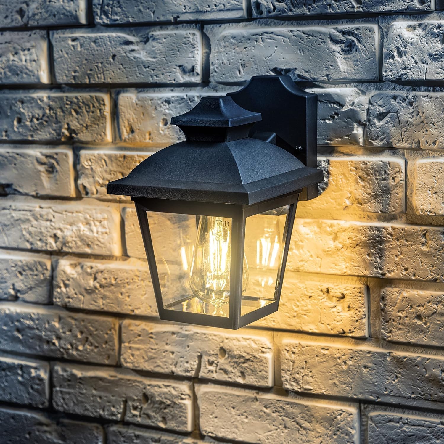 CGC Lighting Outdoor Outside Exterior Wall Light Lantern Modern Vintage E27 Bulb Black Rectangular Mains Power (Black Small with Natural White Bulb)