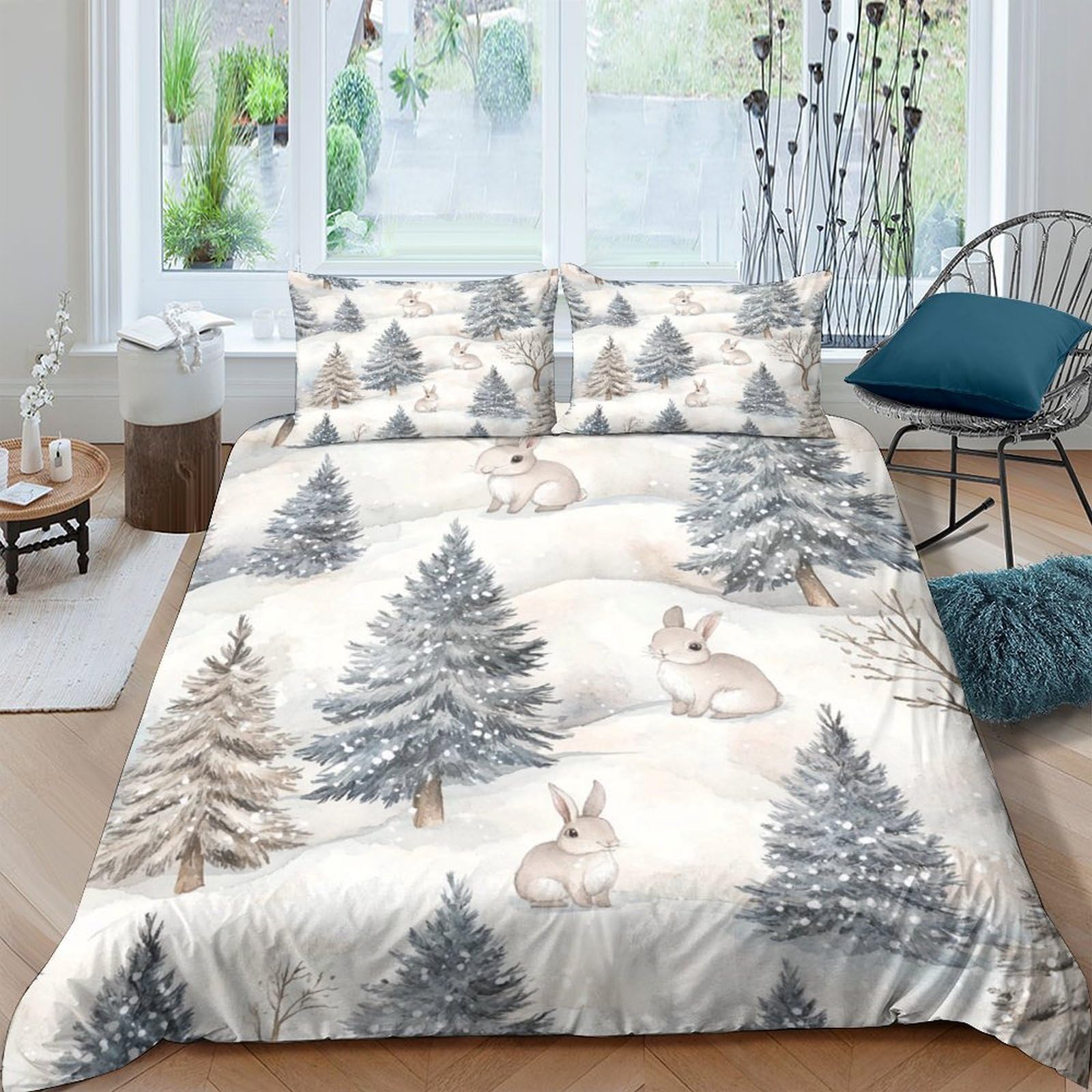 Ctjqhvkz Style-4 3D Printed Snow Forest Fitted Sheet Microfiber Soft Breathable Winter Rabbit Mattress Cover Bedroom Decor Single（135X200cm）