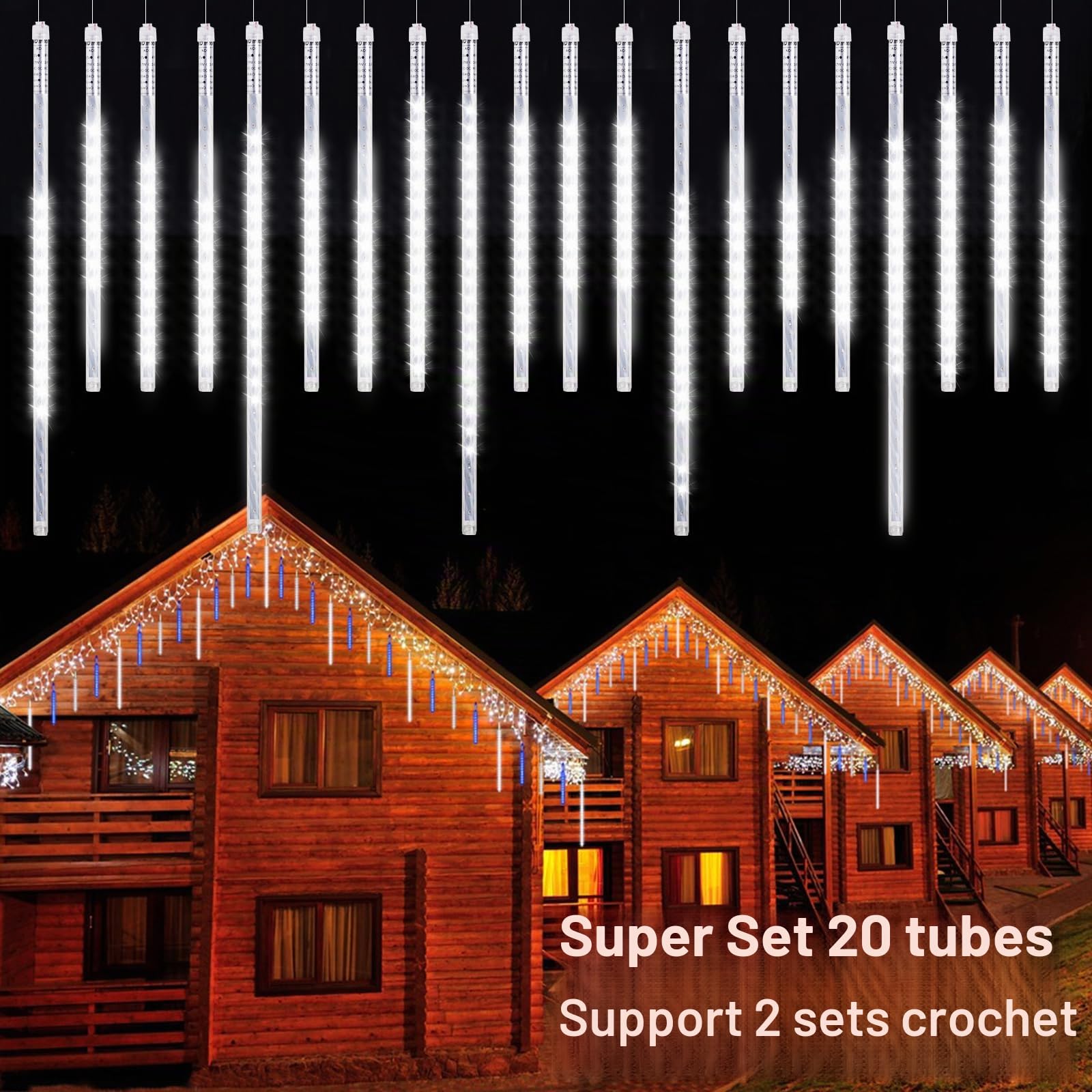 Lumières de Noël extérieures, Lumières de pluie de météores avec 20 tubes spirales (50-30cm 720 LEDs) longueur 6,65m, Lampe à glaçons étanche pour la décoration de Noël en extérieur, Blanc