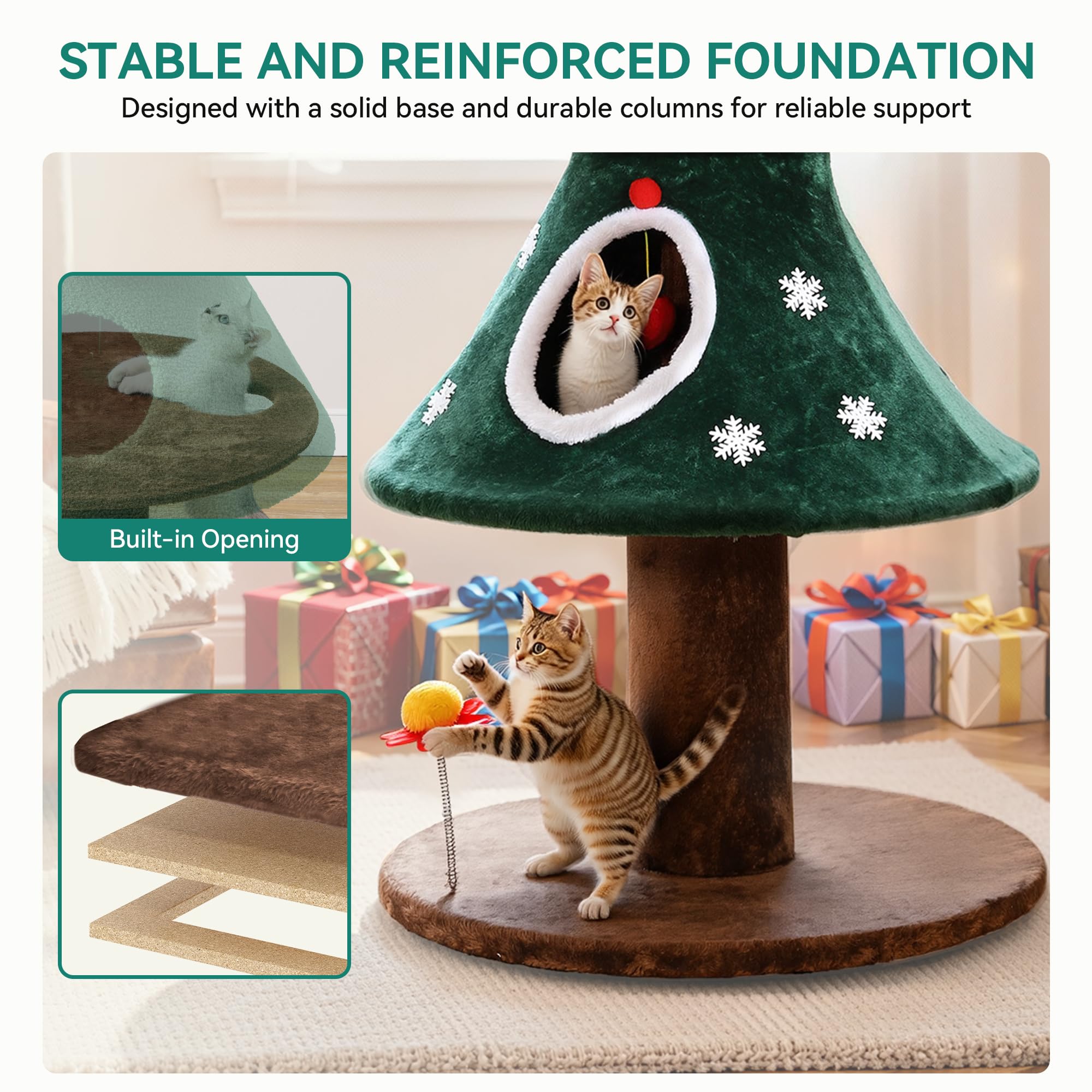 YITAHOME Gran árbol para Gatos navideño con 2 Niveles, casa para Gatos de 132 cm, Postes para rascar, Centro de Actividad para Gatitos y decoración navideña en Verde